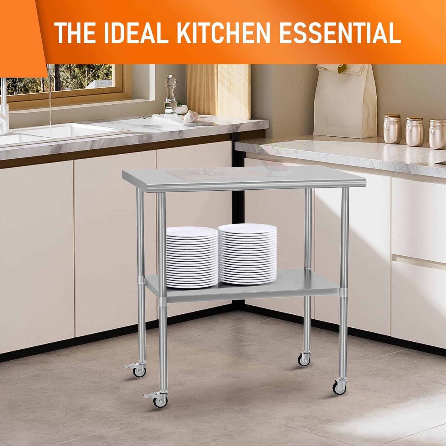 36"x24" Stainless Steel Kitchen Work Prep Table Commercial Workbench With Wheels