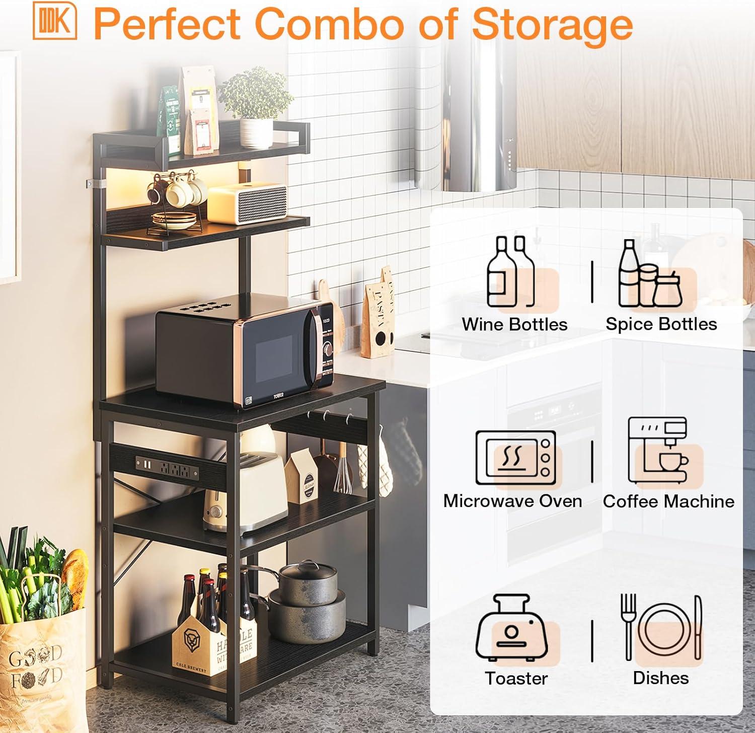 ODK Bakers Rack with Power Outlet, Coffee Bar with Storage 5-Tiers, Microwave Stand Kitchen rack 16.5 * 23.6 * 59 inches, Kitchen Shelf, Black