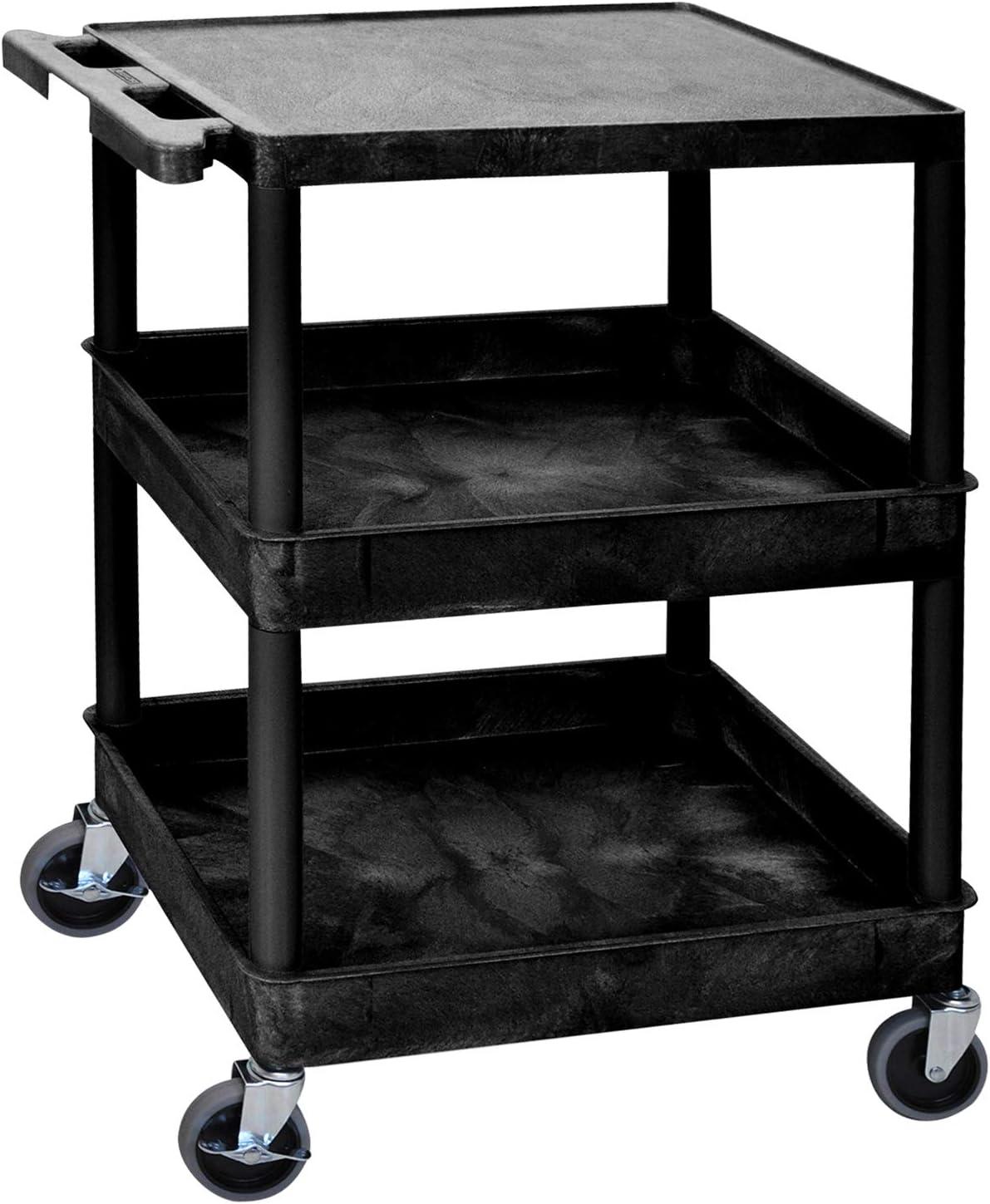 Black High-Density Polyethylene 3-Shelf Utility Cart with Raised Ledges