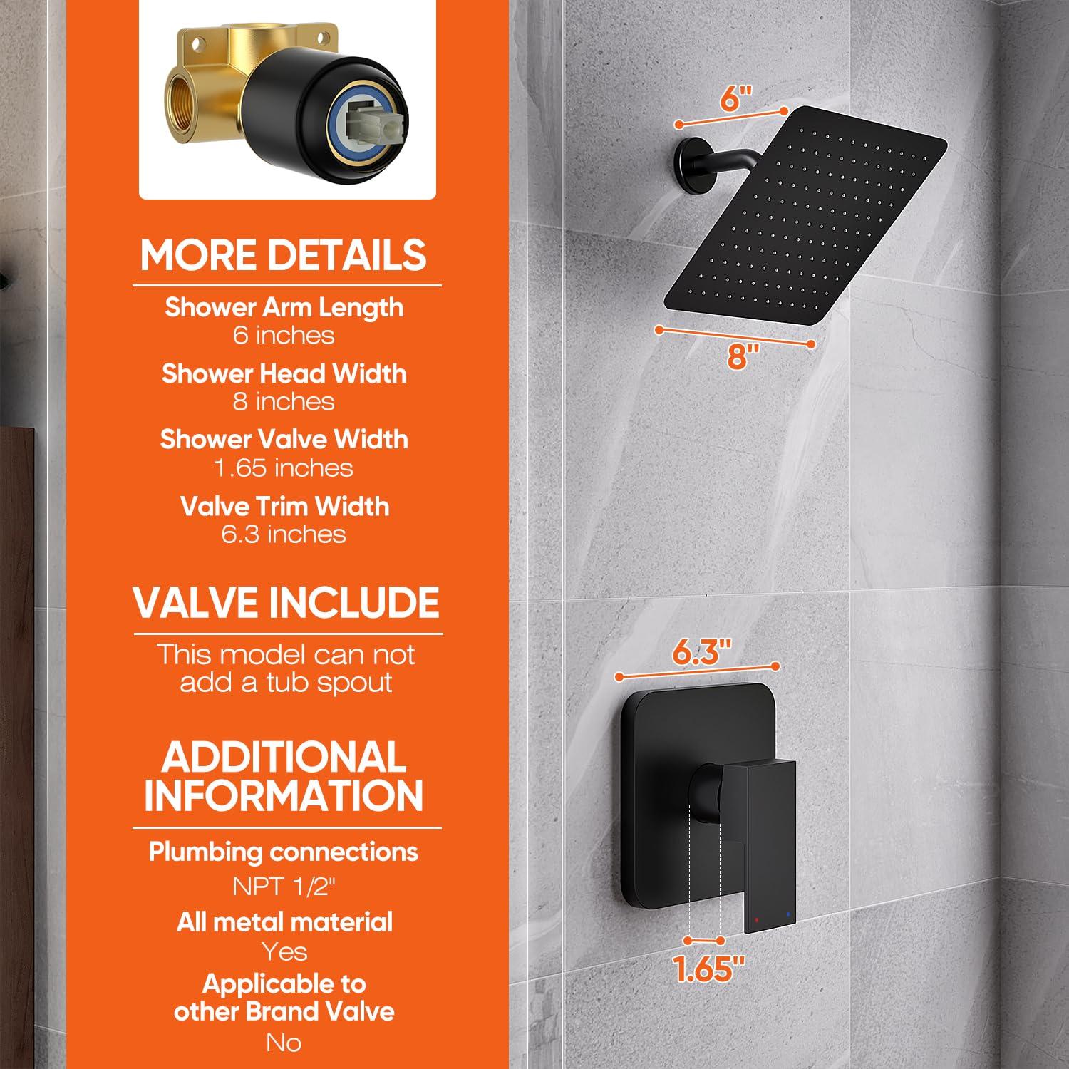 Matte Black Shower Faucet Set Bathroom Rain Shower System 8in Shower Head Combo