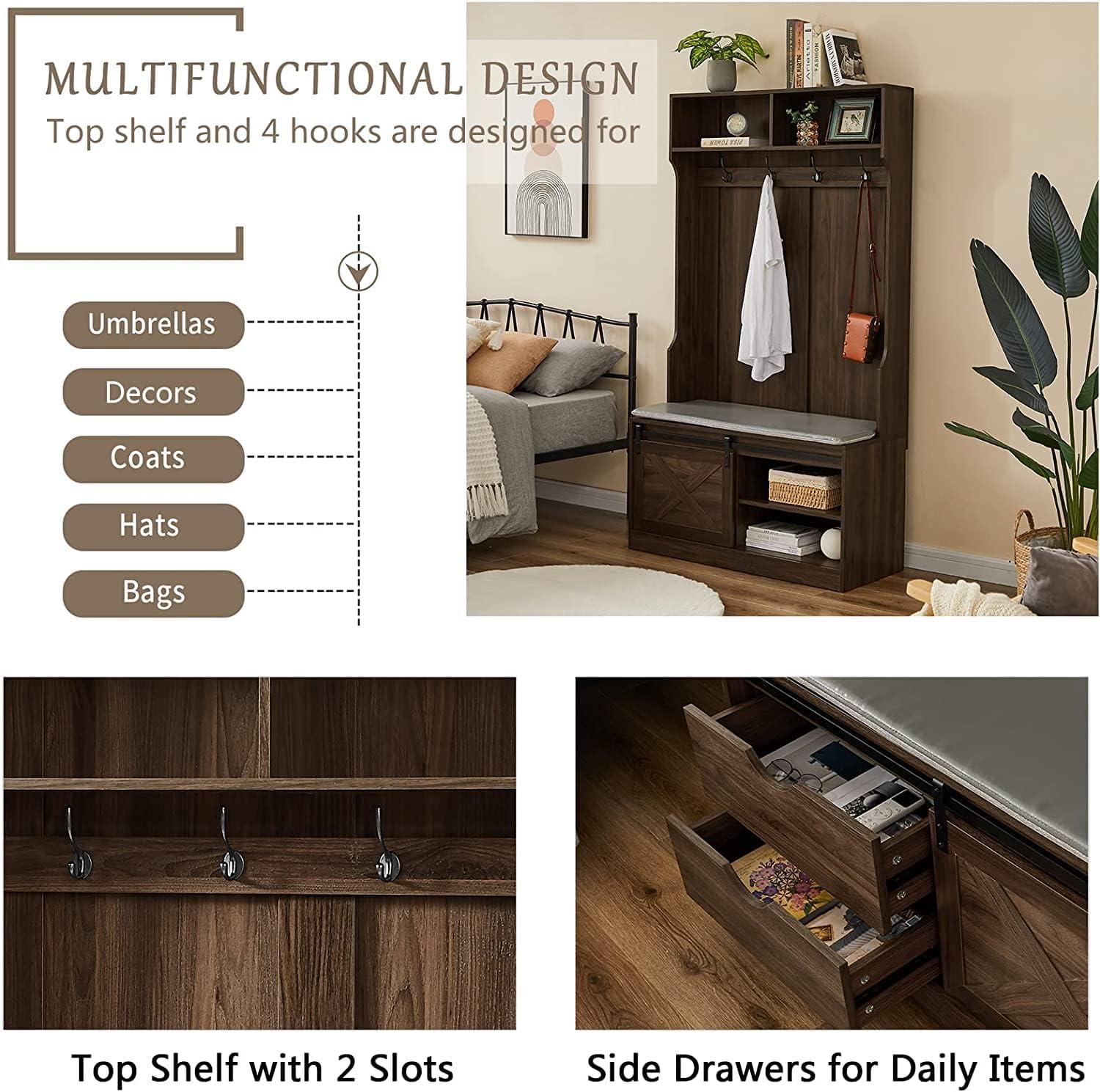 Betoko Hall Trees with Bench and Coat Racks, Farmhouse 71 Inch Entryway Bench with Sliding Barn Door, Wood Coat Tree Mudroom Storage Benches with Drawers (Walnut)