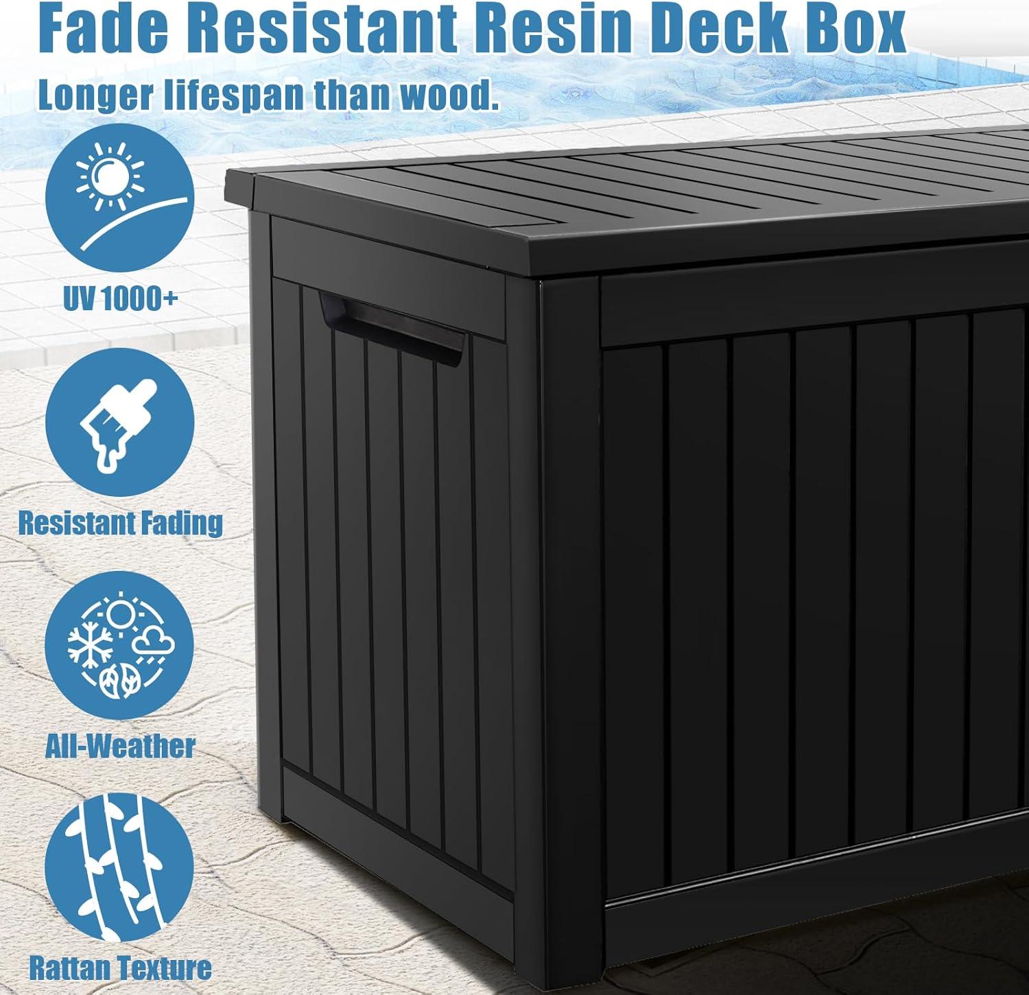 Large 230 Gallon Resin Deck Box, Lockable Outdoor Storage Box for Patio Furniture, Garden Tools and Tools Storage, Waterproof and UV Resistant Outside Storage Box Bench, Black