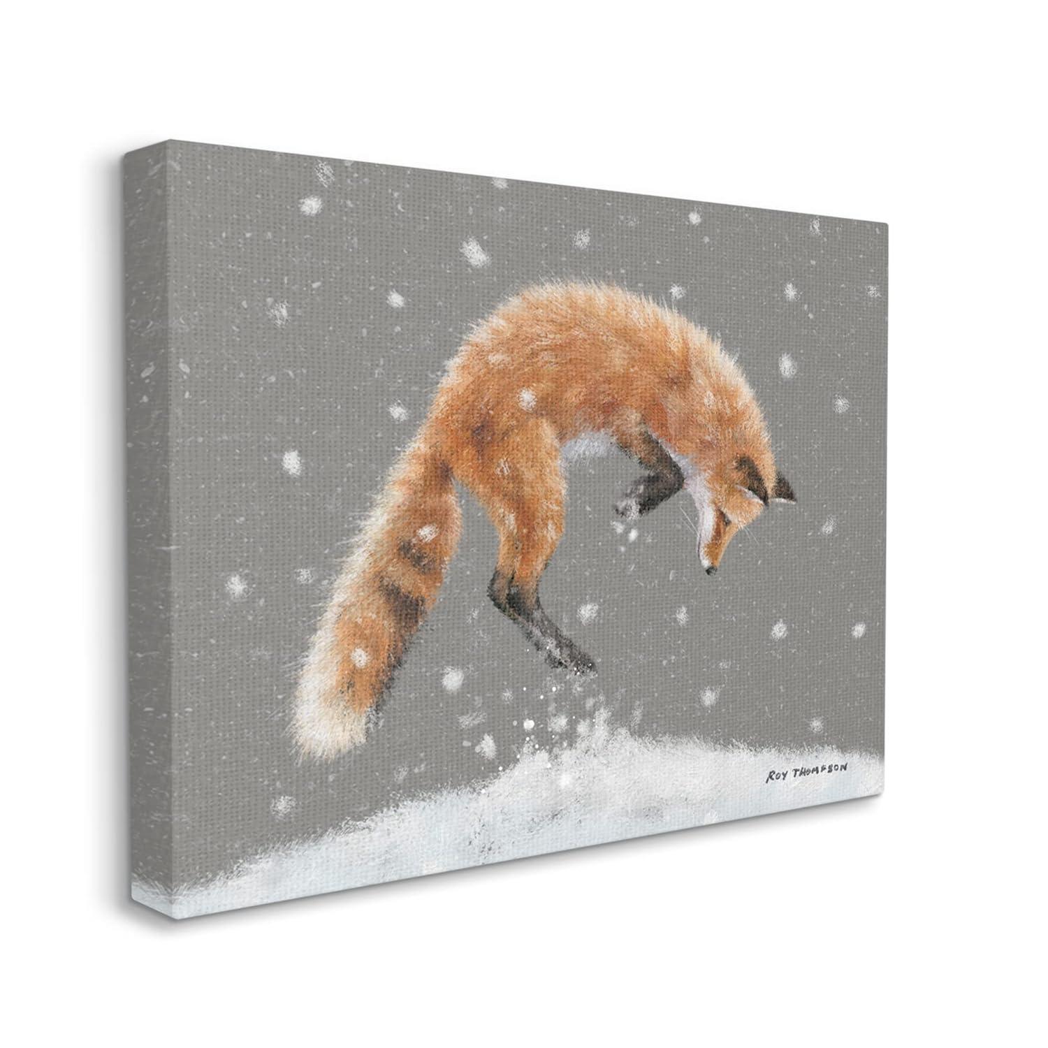 Stupell Industries Jumping Fox Winter Snowfall Holiday Painting Gallery Wrapped Canvas Print Wall Art