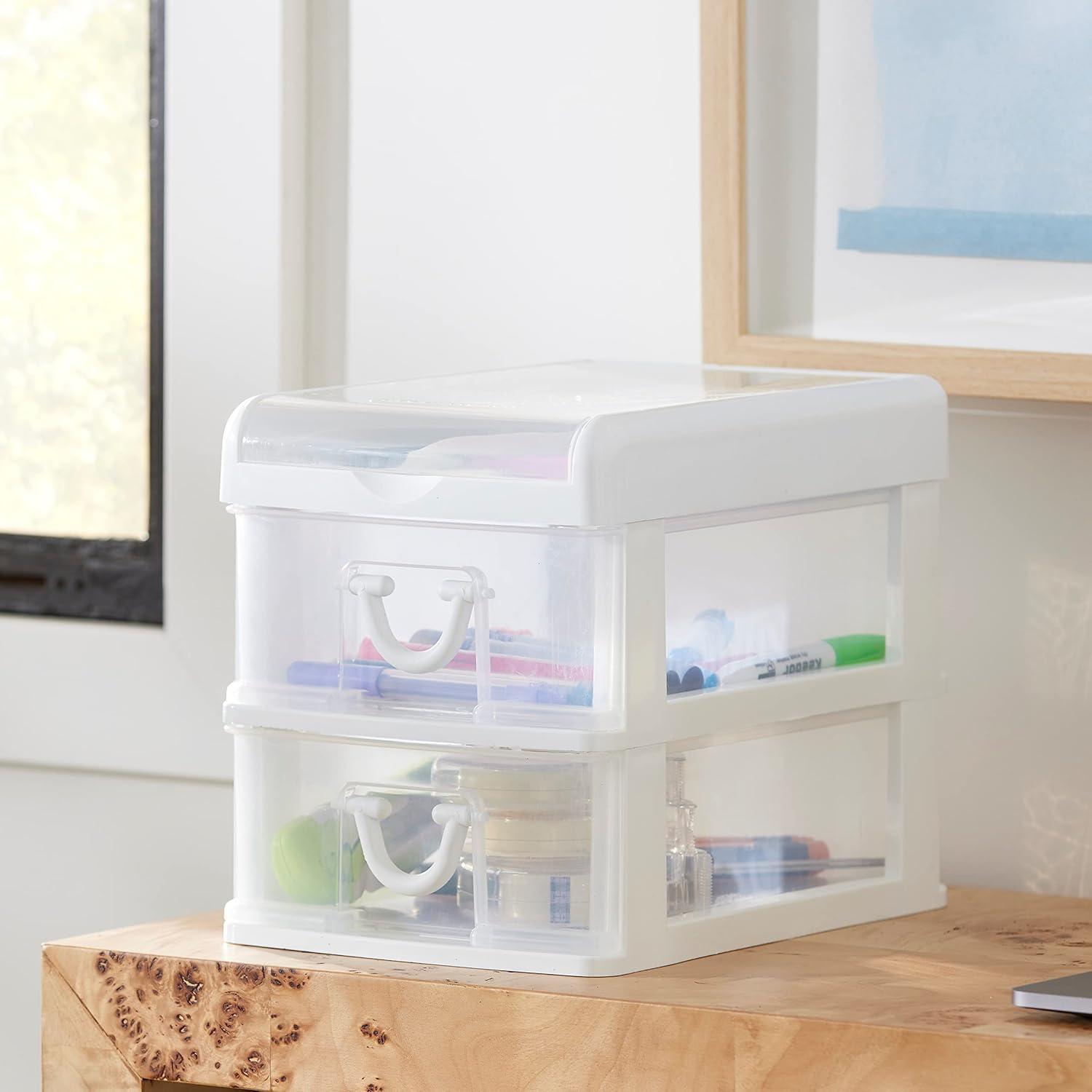 White Clear Plastic 2-Drawer Desk Organizer with Flip Top