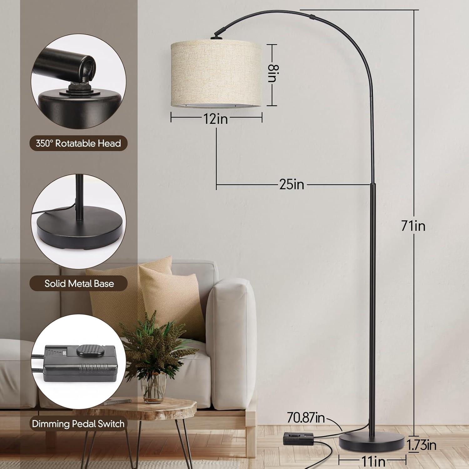 Black Adjustable Arc Floor Lamp with Beige Shade