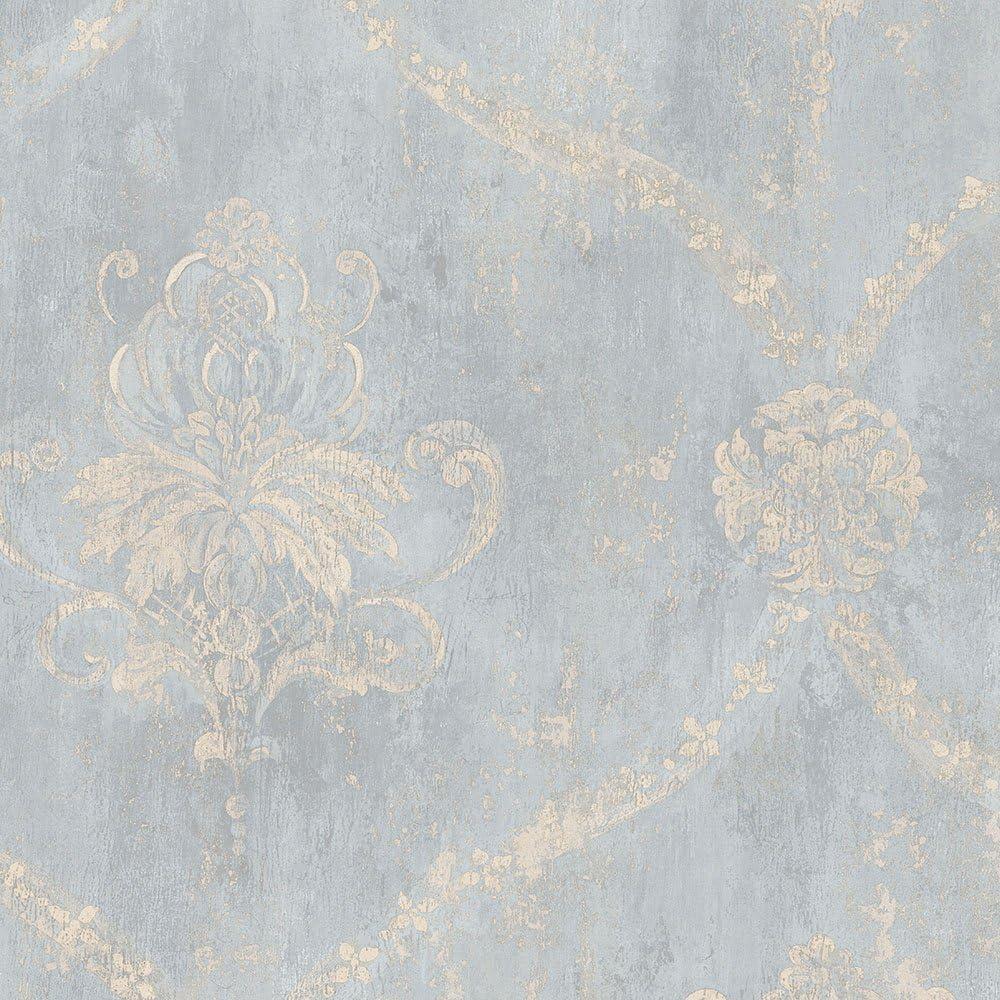 Blue and Beige Embossed Damask Pre-pasted Wallpaper