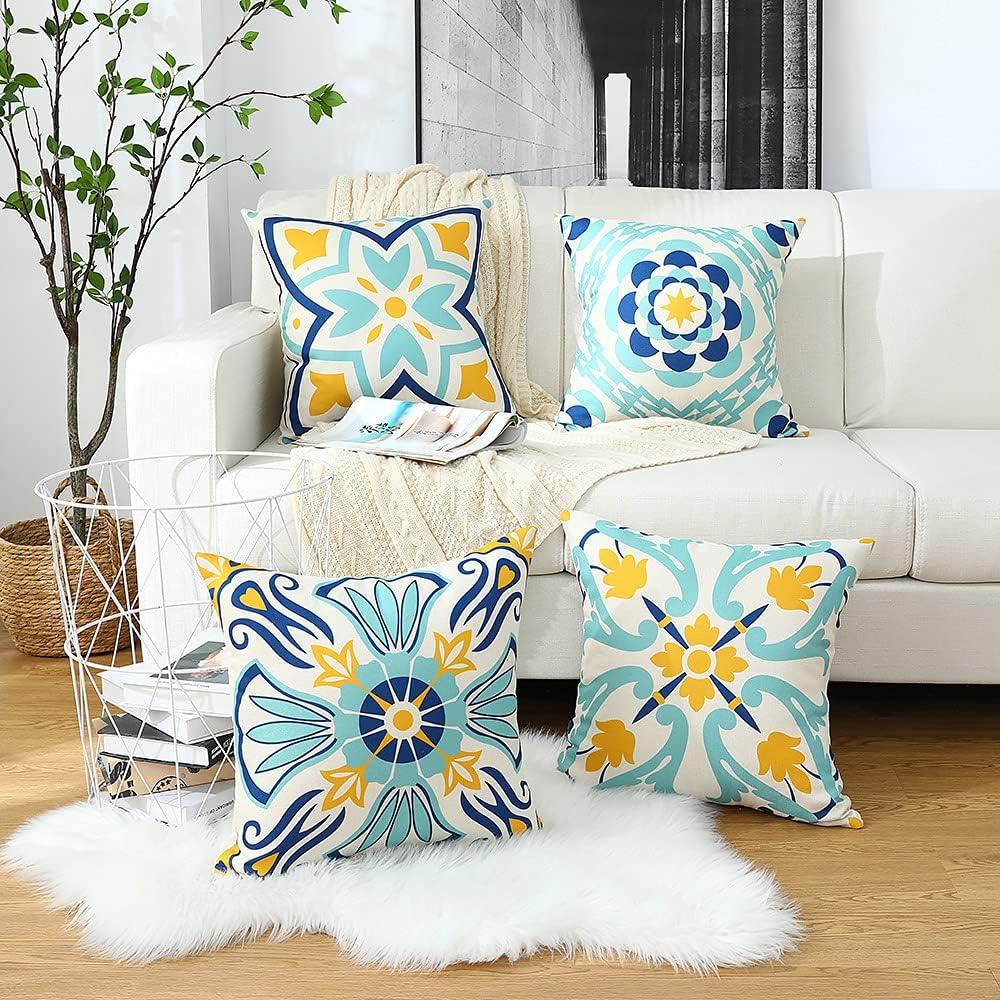 Outdoor Pillows, Outdoor Pillow Covers 18x18 Set of 4 Waterproof Decorative Throw Pillow Covers Boho Decorations for Patio, Garden, Balcony
