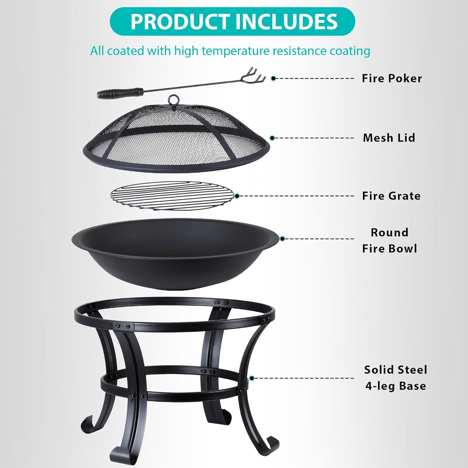 22-Inch Black Steel Round Fire Pit with Mesh Lid