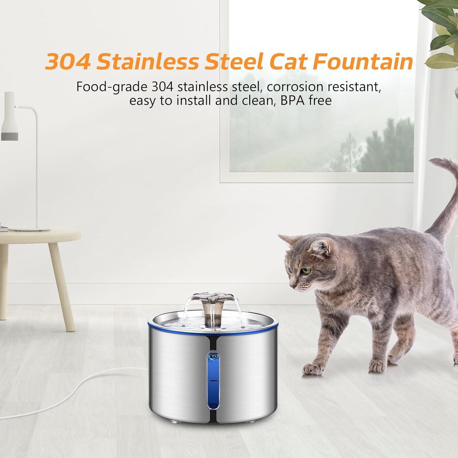 Cat Water Fountain, BOORCA 84oz/2.5L Stainless Steel Pet Water Fountain, Automatic Dog Water Dispenser with Water Level Window, Ultra-Quiet Pump, Perfect for Cats, Dogs and Multiple Pets C49