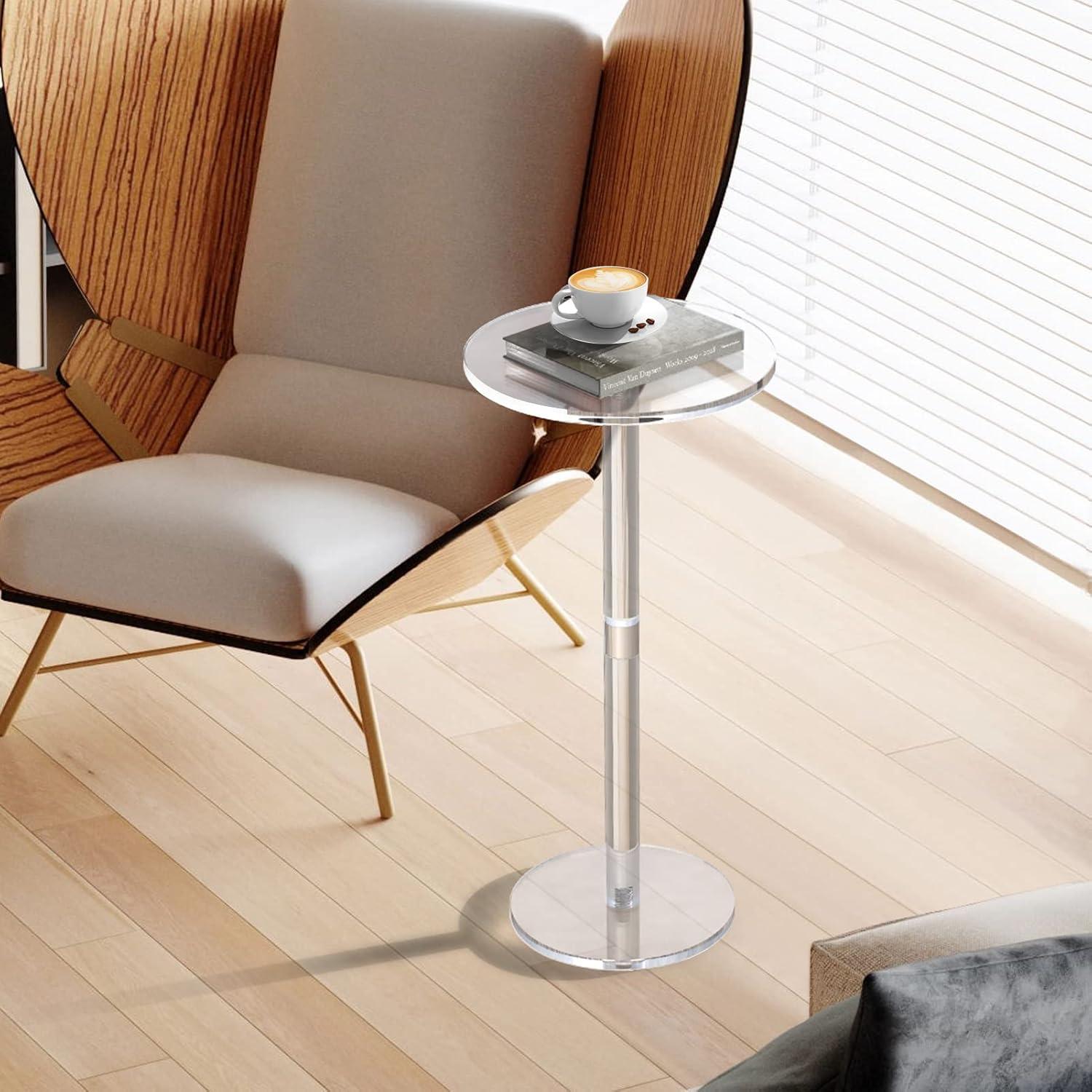 Acrylic End Table, Clear Side Tables for Small Space, 9.8" Round Modern Drink Table for Living Room, Bedroom, Bathroom, Office, Outdoor, Business, Sturdy and Easy to Install
