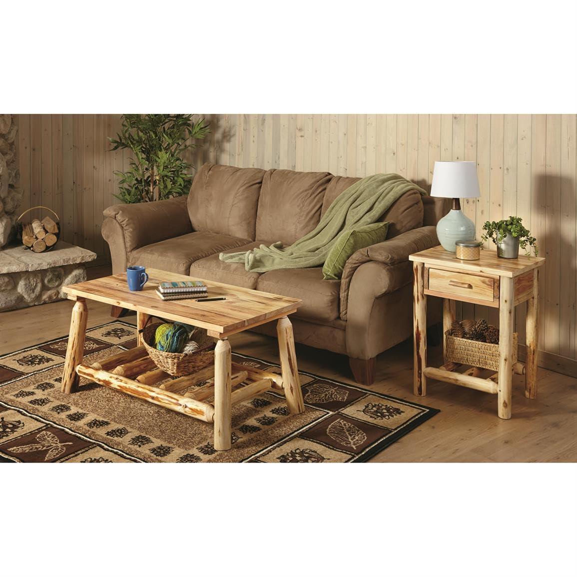 Rustic Pine Wood Rectangular Coffee Table with Storage