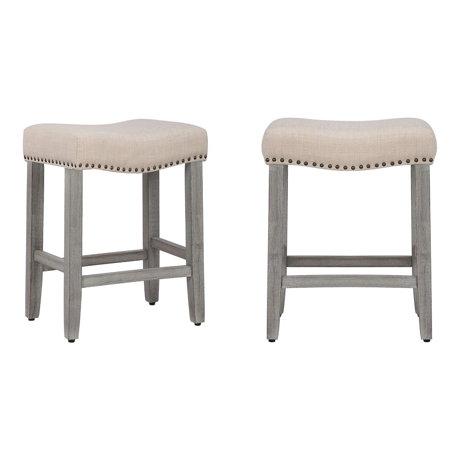 Polytrends Jameson Upholstered Polyester Gray 24 Inch Counter Stool (Set Of 2) Antique Gray/Beige Metal Foam Upholstered Foam Cabin & Lodge
