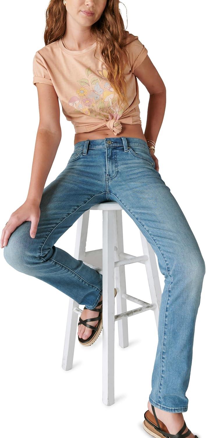 Women's Mid Rise Light Blue Cotton Blend Straight Leg Jeans