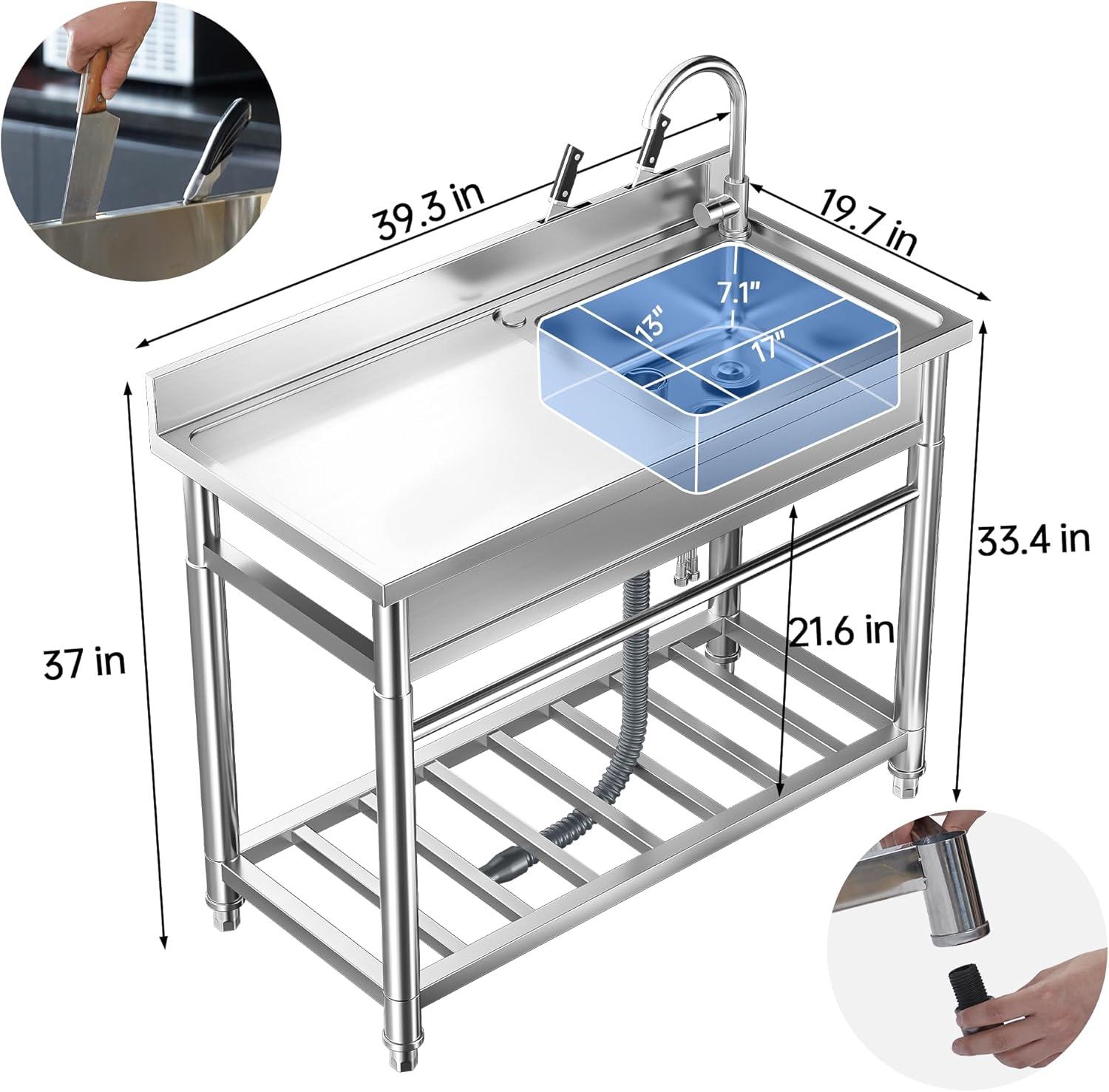 Stainless Steel Freestanding Utility Sink with Storage and Faucet