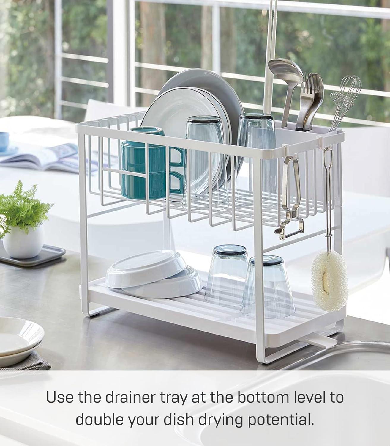 Tower Yamazaki Home Two-Tier Adjustable Dish Drainer Rack, Utensils Holder, Steel, Draining Spout