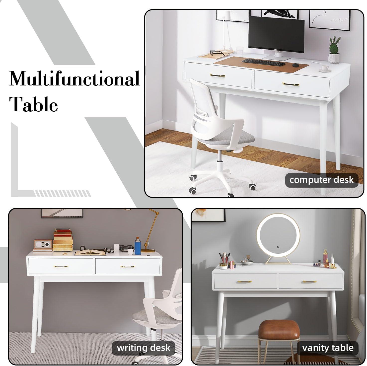Small White Desk with 2 Drawers, Modern Writing Desk for Small Spaces, Home Office Desk for Study, Laptop Computer Desk for Work, Makeup Vanity Table for Bedroom (White)
