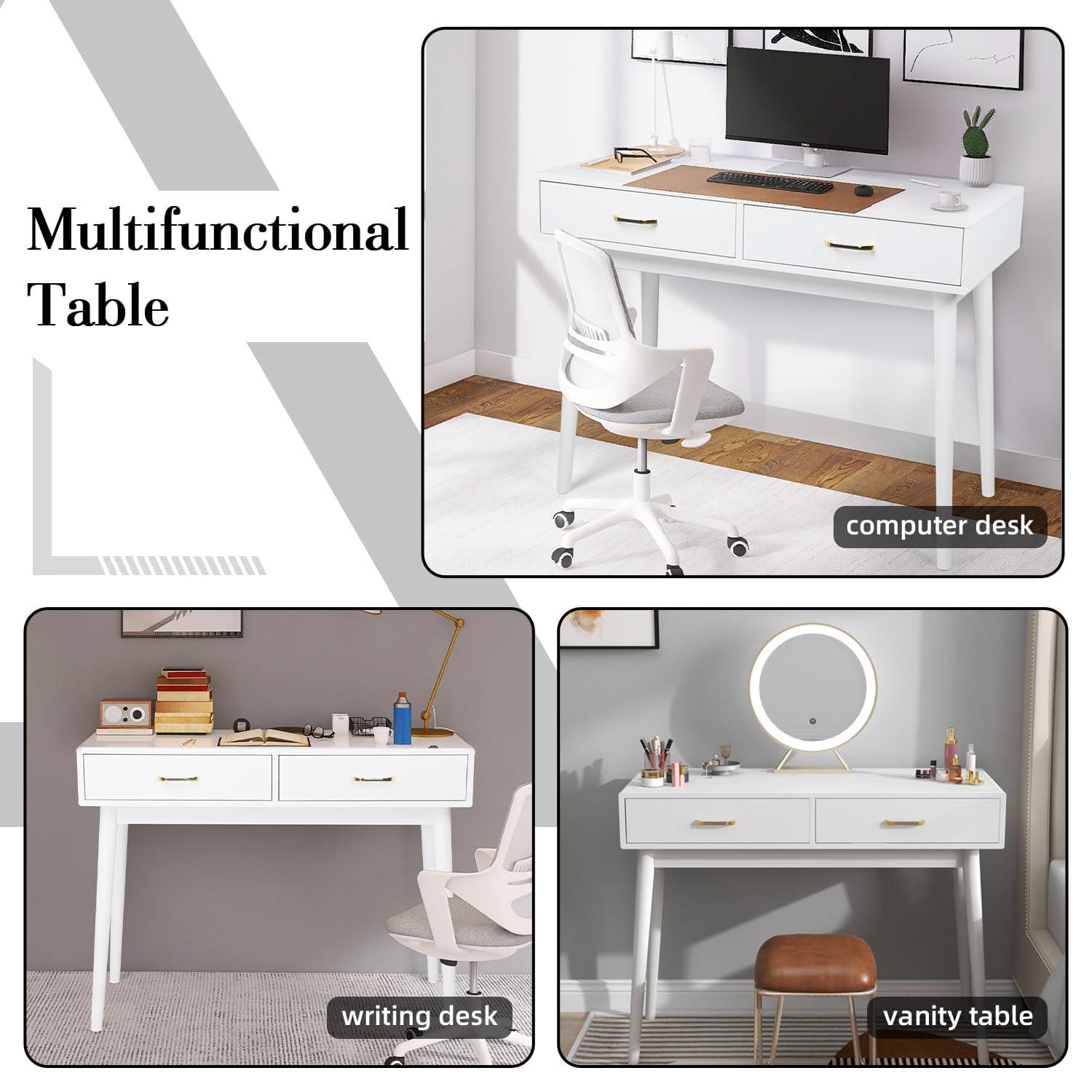 Small White Desk with 2 Drawers, Modern Writing Desk for Small Spaces, Home Office Desk for Study, Laptop Computer Desk for Work, Makeup Vanity Table for Bedroom (White)