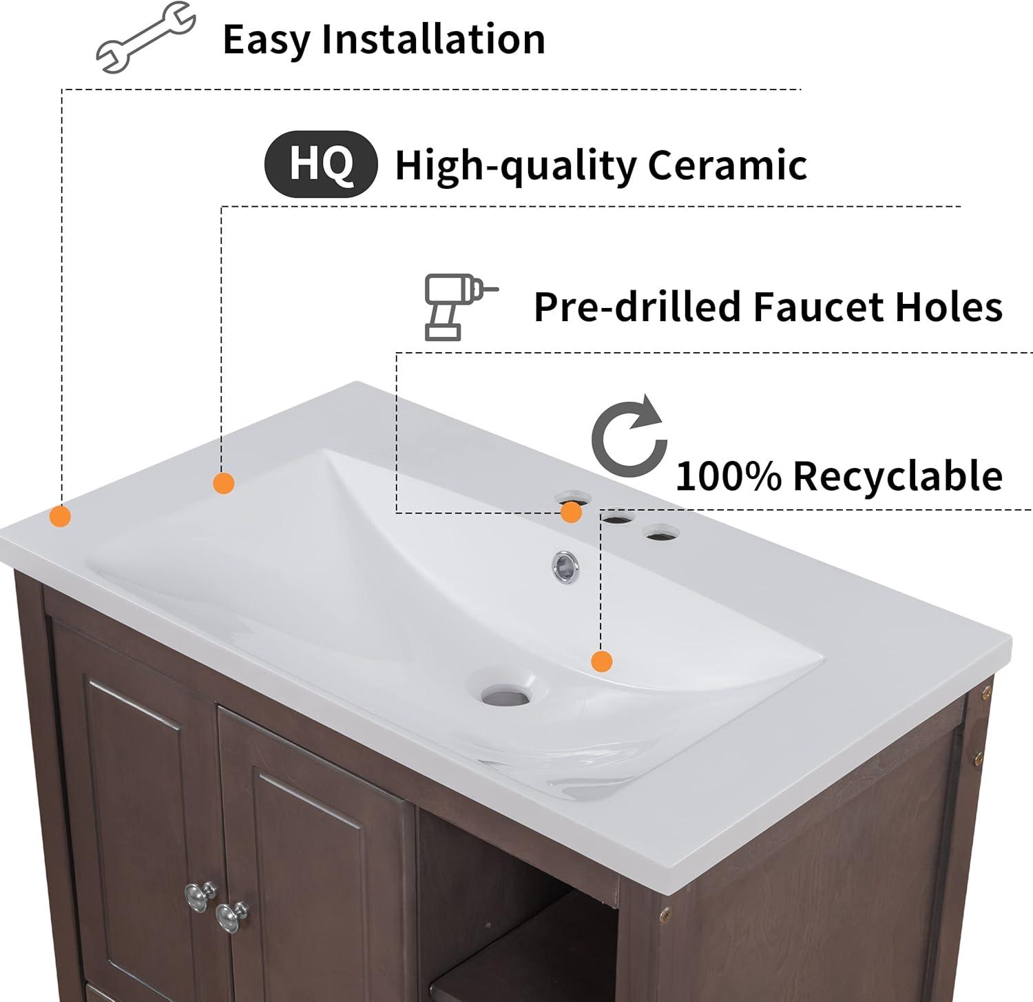 30" Brown Solid Wood Bathroom Vanity with Ceramic Sink