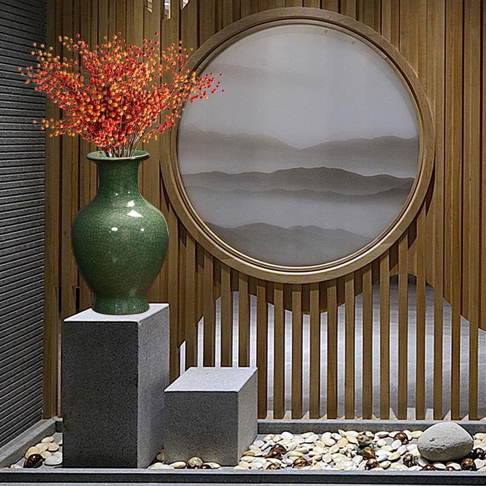 Green Ceramic Vase for Home Decor, Rustic Oriental Vases, Glazed Decorative Farmhouse Vase for Mantel, Table, Bookshelf, Living Room Decoration(Green)