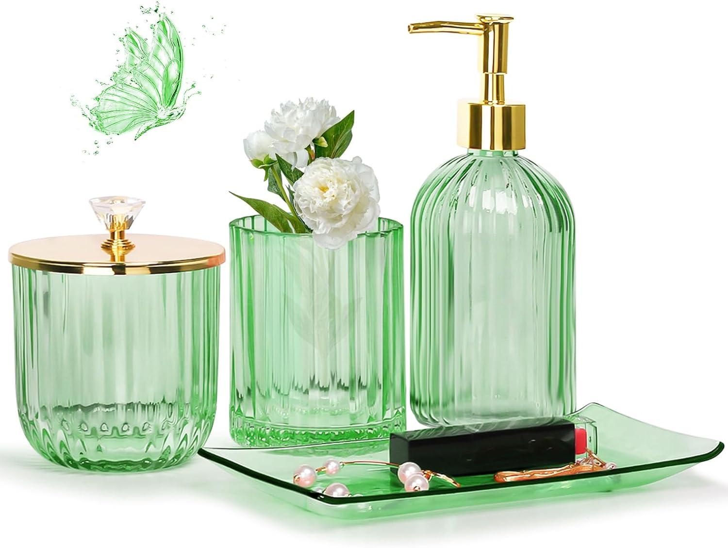 Green Glass Bathroom Accessory Set with Gold Accents