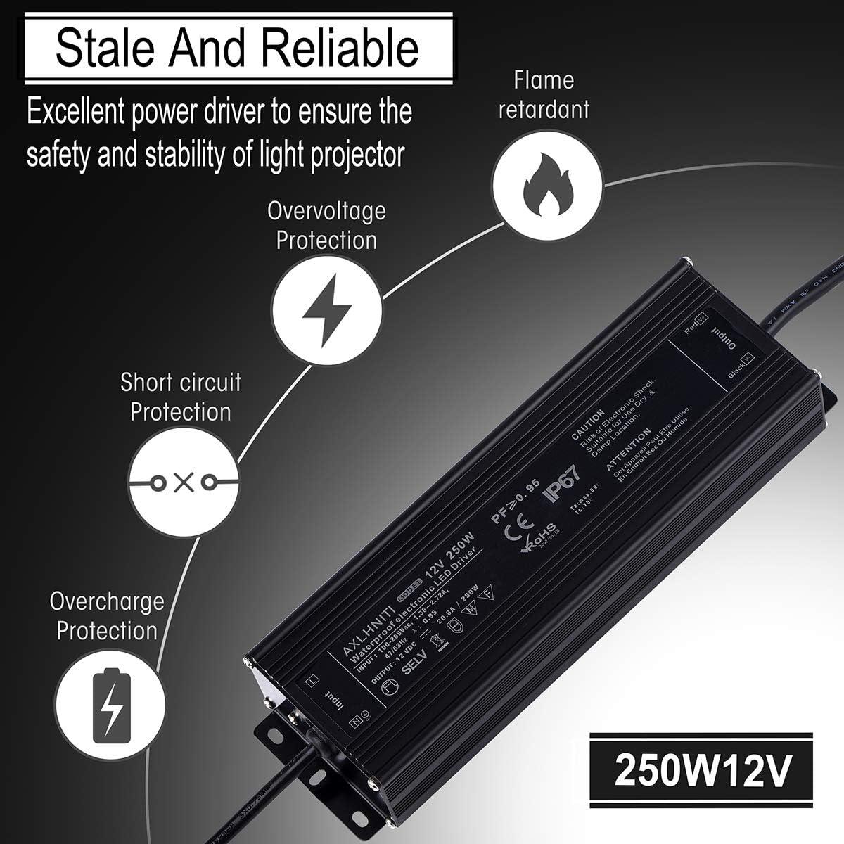 Black Aluminum Waterproof 250W LED Driver with 3-Prong Plug