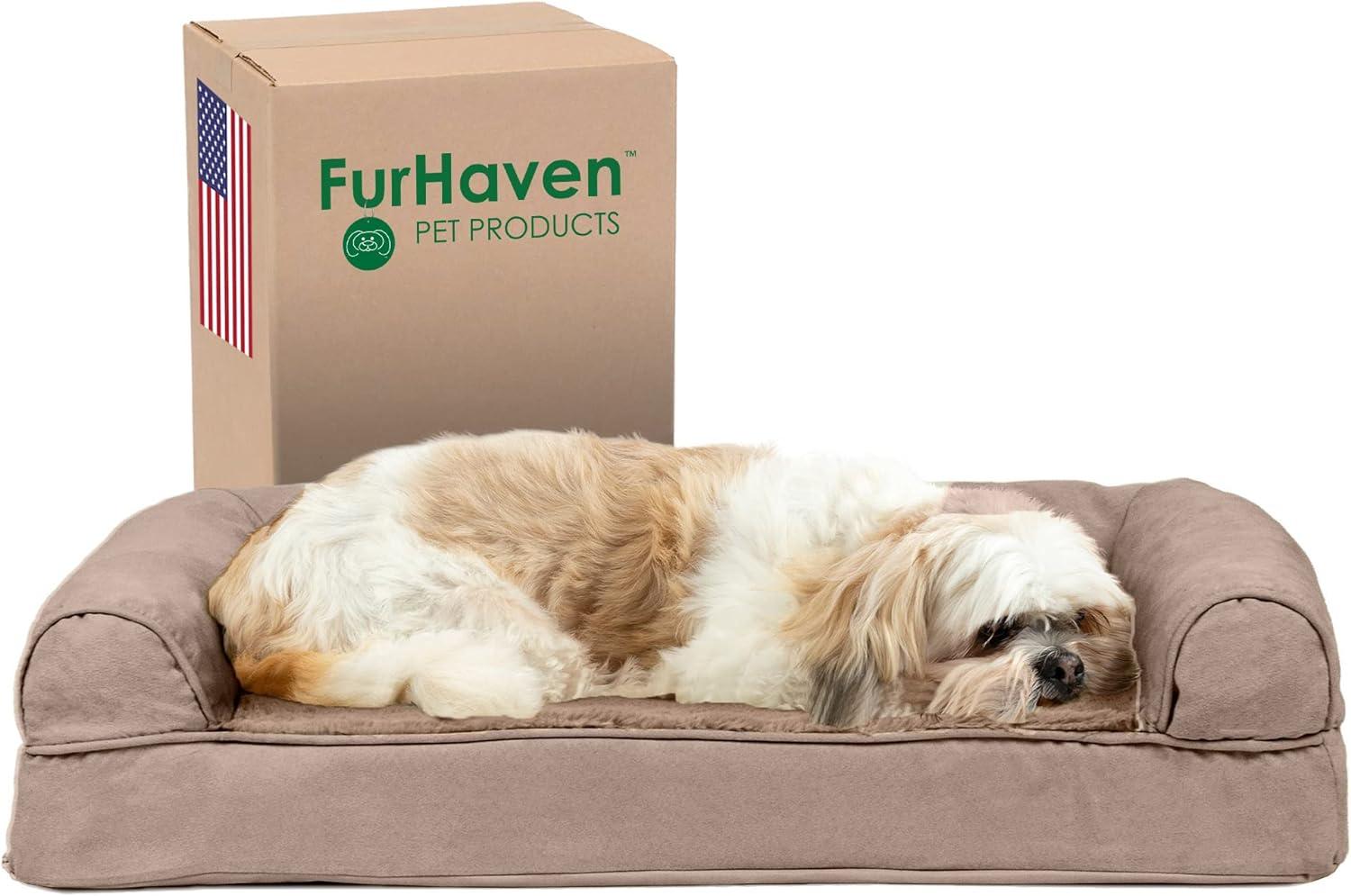 FurHaven Plush & Suede Cooling Gel Sofa Dog Bed - Medium, Almondine