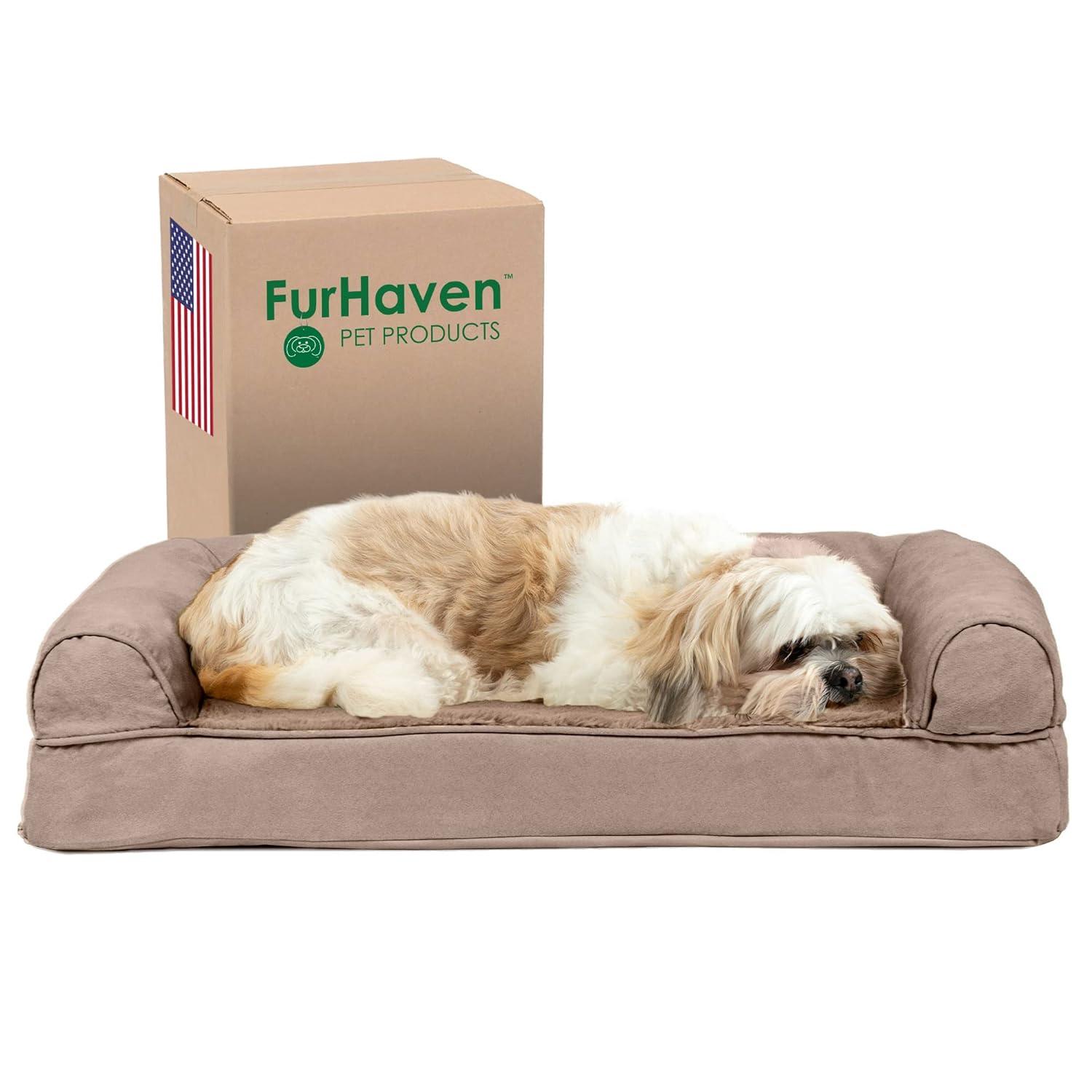 FurHaven Plush & Suede Cooling Gel Sofa Dog Bed - Medium, Almondine