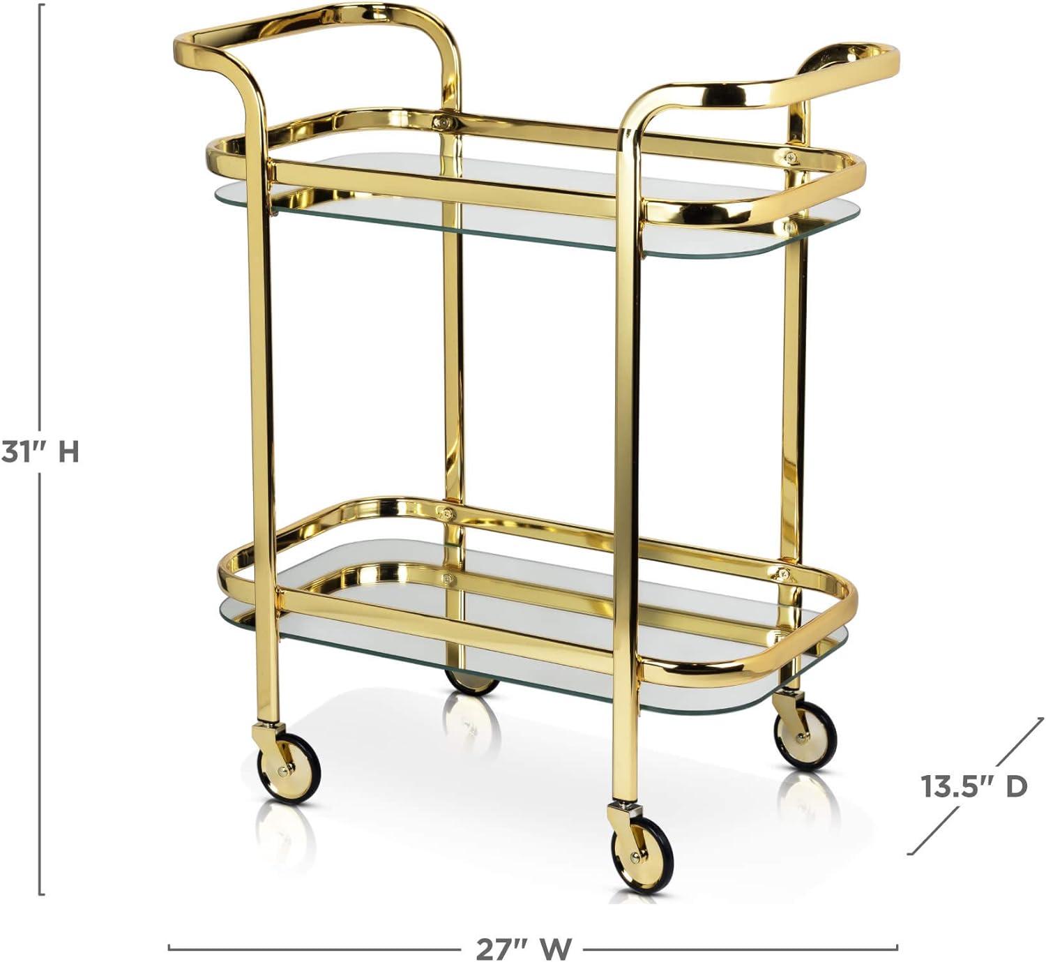 Belmont Polished Gold Stainless Steel Bar Cart with Glass Shelves