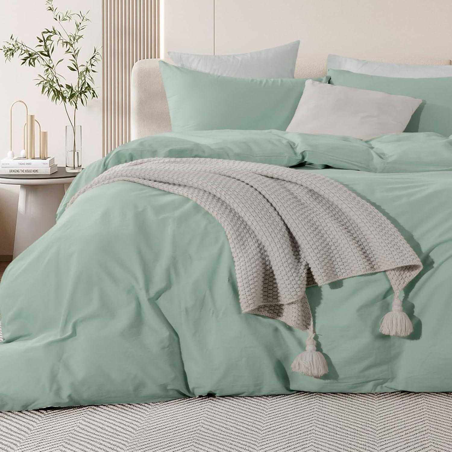 NEXHOME PRO Duvet Cover Set Queen Size Linen Look Textured Organic Natural 100% Washed Cotton Duvet Cover Teal 3 Pieces Bedding Set with Zipper Closure, Breathable, Soft (Aqua Green, No Comforter)