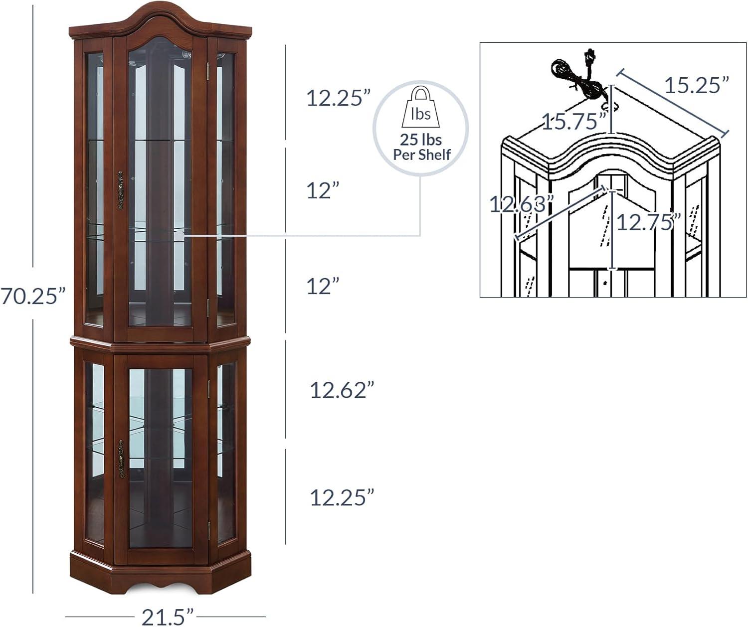 BELLEZE Loraine Canted Front Corner Lighted Curio Cabinet With 5 Tier Shelves, Walnut