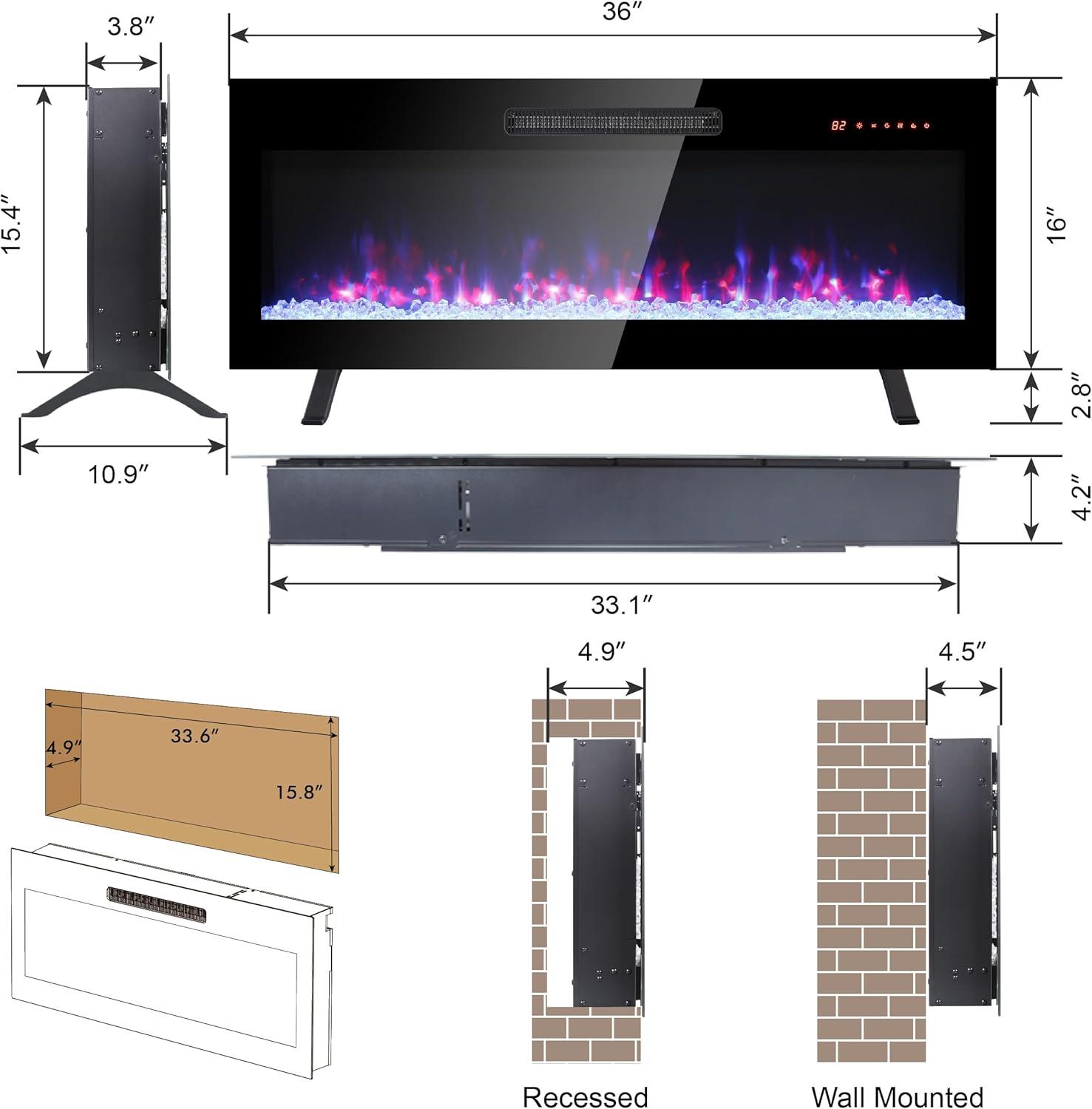 36 inch recessed ultra thin tempered glass front wall mounted electric fireplace with remote and multi color flame & emberbed, LED light heater