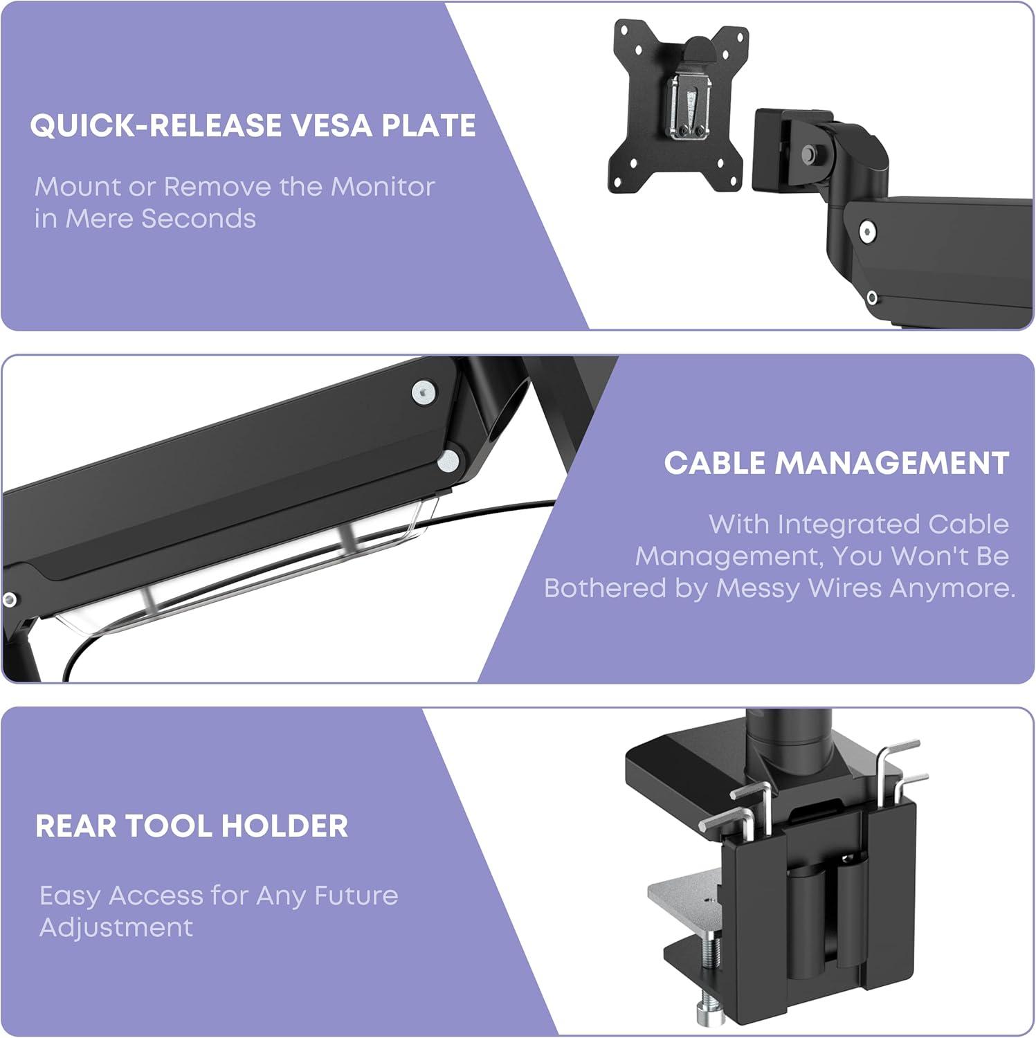 Heavy Duty Monitor Arm for Ultrawide Screens up to 49 inch and 39.6lbs, Premium Aluminum Single Desk Mount Stand with Gas Spring, VESA 75x75/100x100