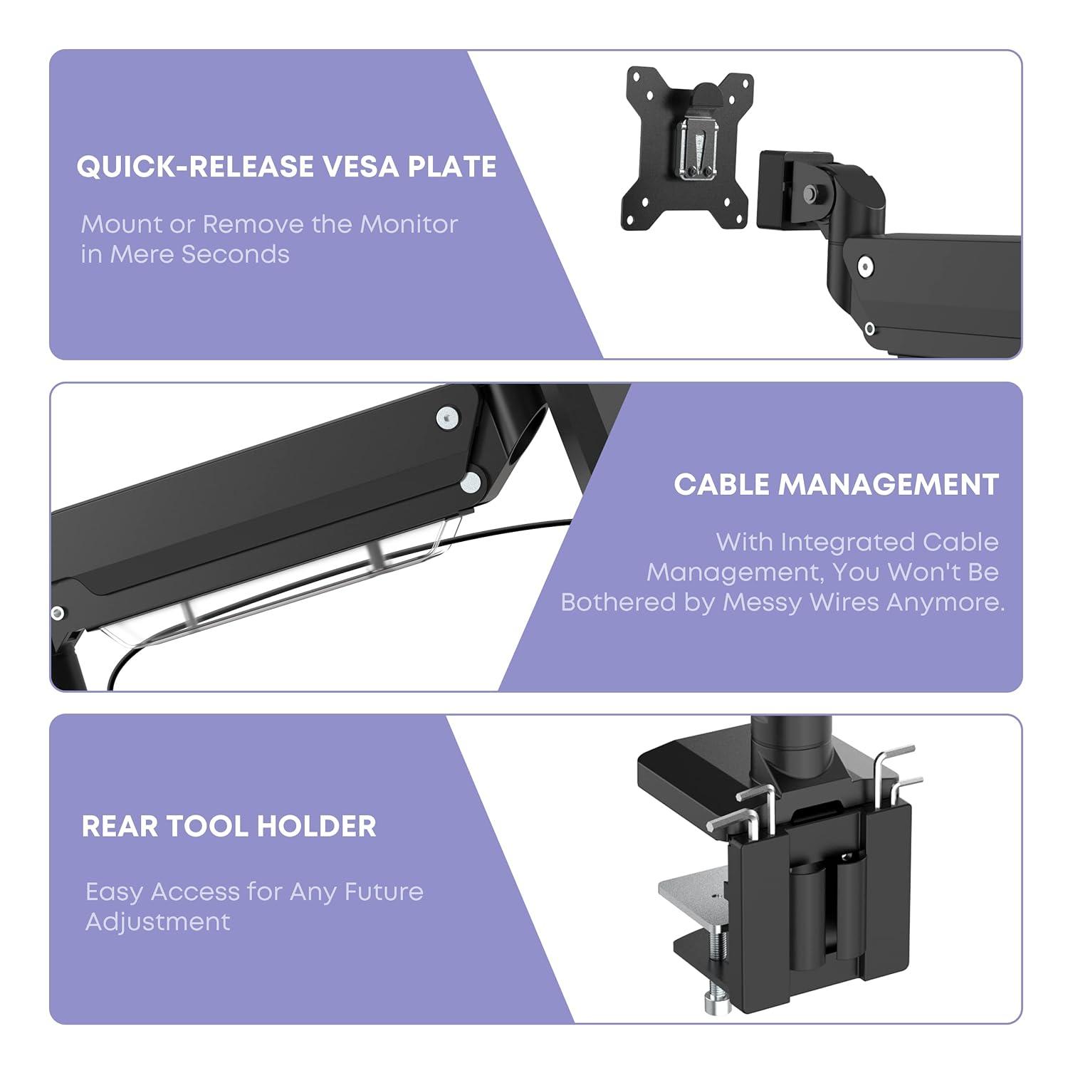 Heavy Duty Monitor Arm for Ultrawide Screens up to 49 inch and 39.6lbs, Premium Aluminum Single Desk Mount Stand with Gas Spring, VESA 75x75/100x100