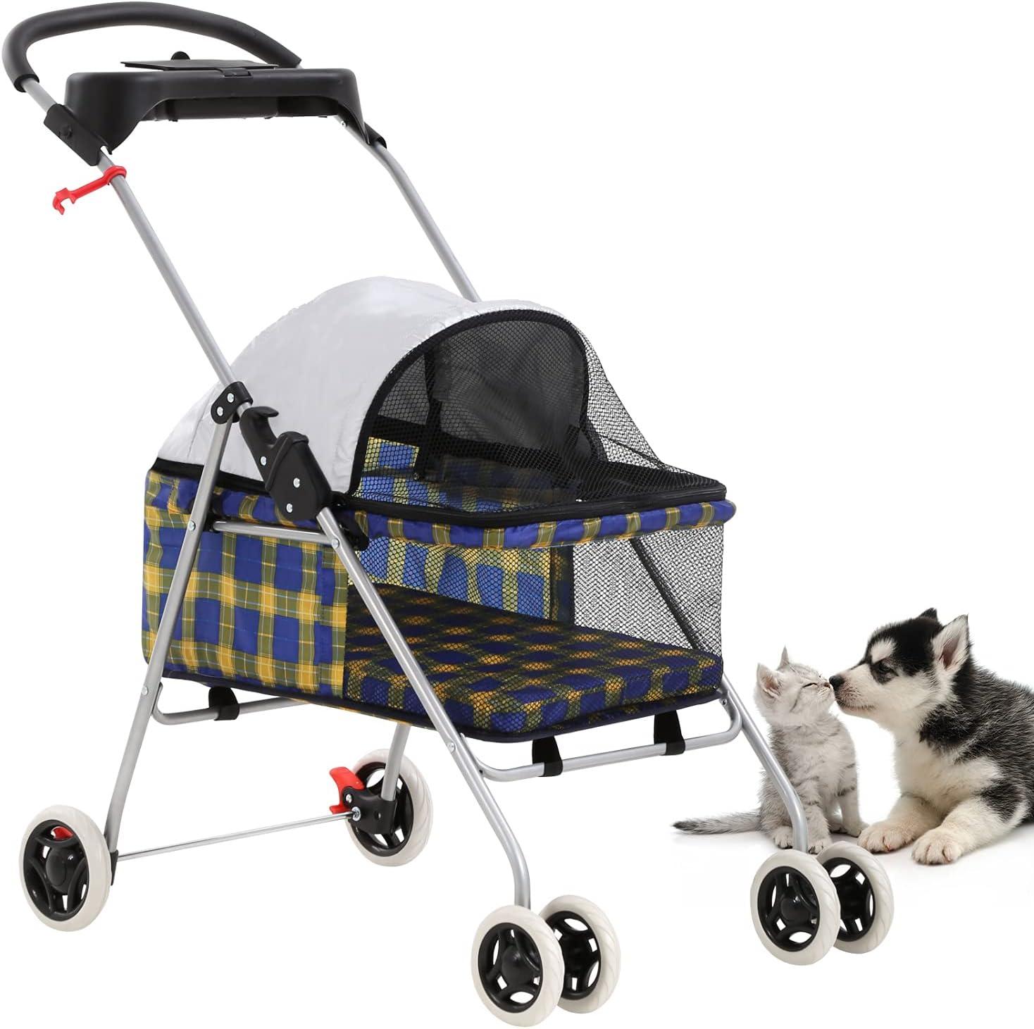 Bestpet Plaid Posh Pet Stroller for Dogs and Cats with Cup Holder, Yellow