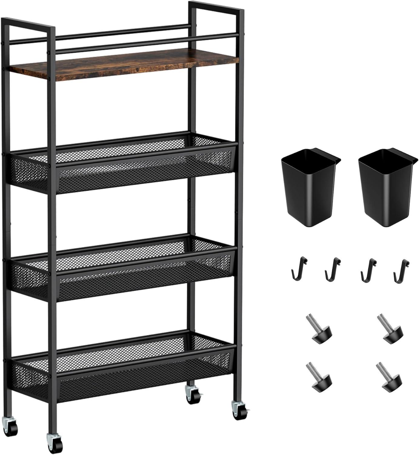 Slim Black Metal and Wood 4-Tier Kitchen Cart