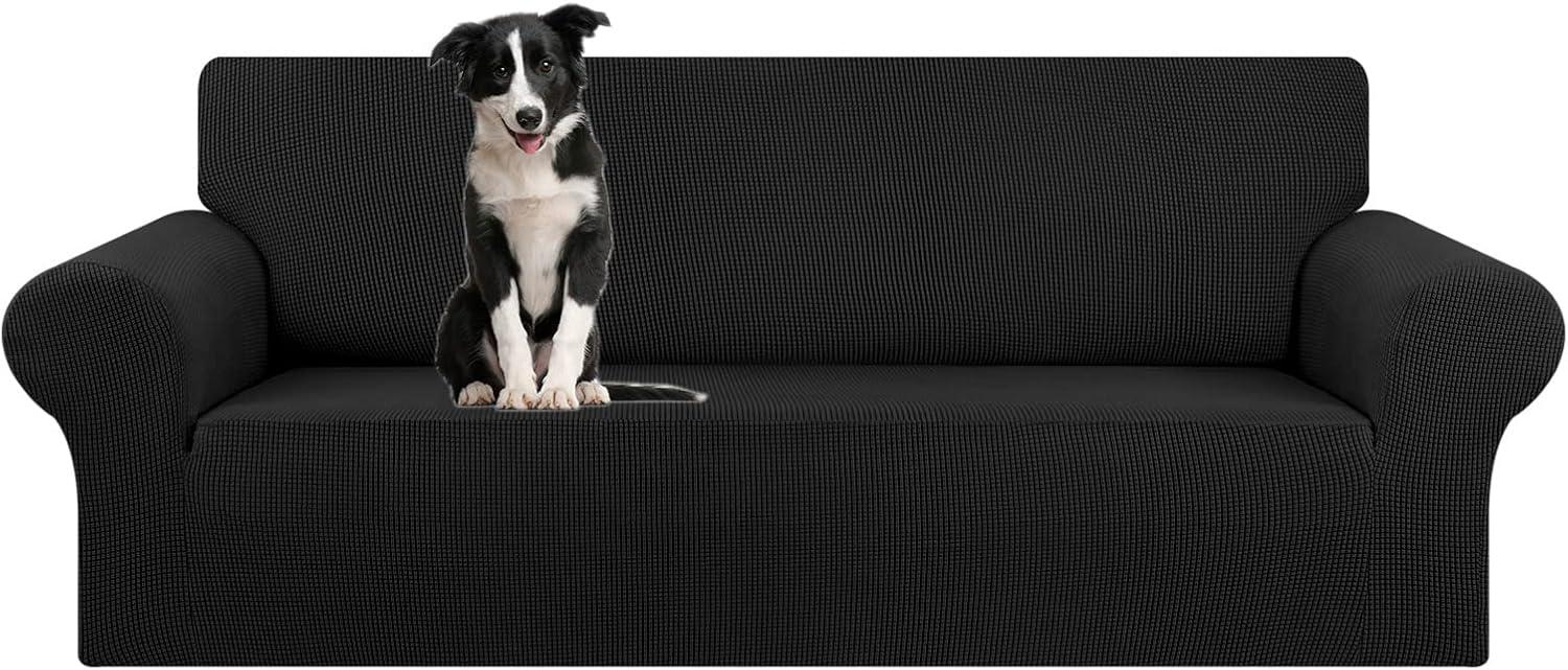 KEKUOU Stretch Oversized Sofa Slipcover 1 Piece Couch Sofa Cover (94"-110") Furniture Protector 4 Seater Sofa with Elastic Bottom for Kids,Pet.Jacquard Checked Pattern Fabric(X Large,Black)
