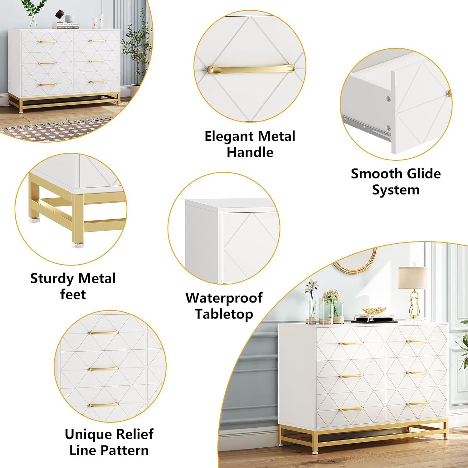 Jojoka Dresser for Bedroom with 6 Drawer, TV Stand Wood Dressers Chest of Drawers with Wide Drawers and Metal Handles for Living Room Hallway Entryway, White