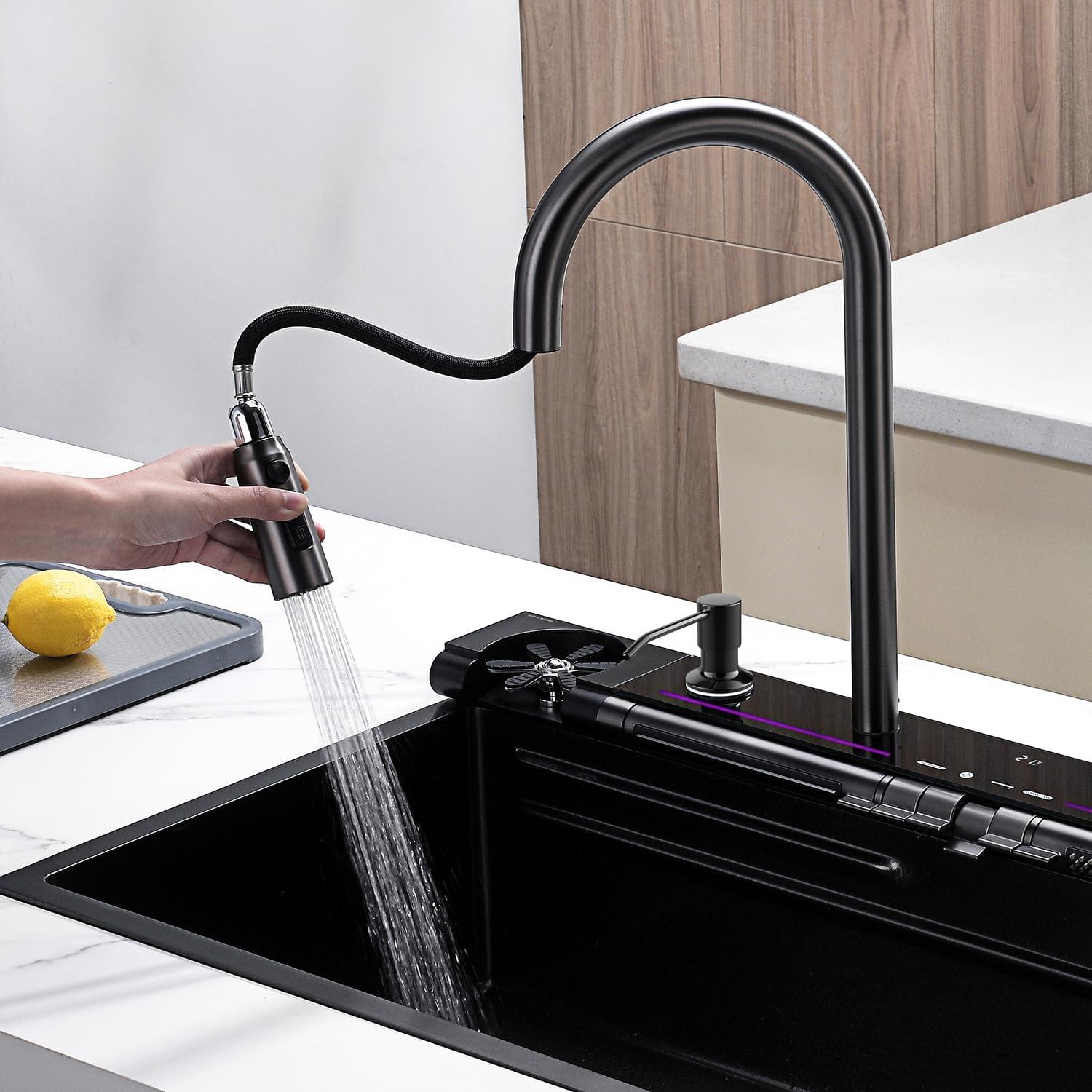 Lefton 304 Stainless Steel Kitchen Sink Set with Pull-down Faucet, Waterfall & Rainfall Water Outlet, Glass Rinser, Soap Dispenser & Filtered Faucet, Battery-free Temperature Display, Grey, KS2207