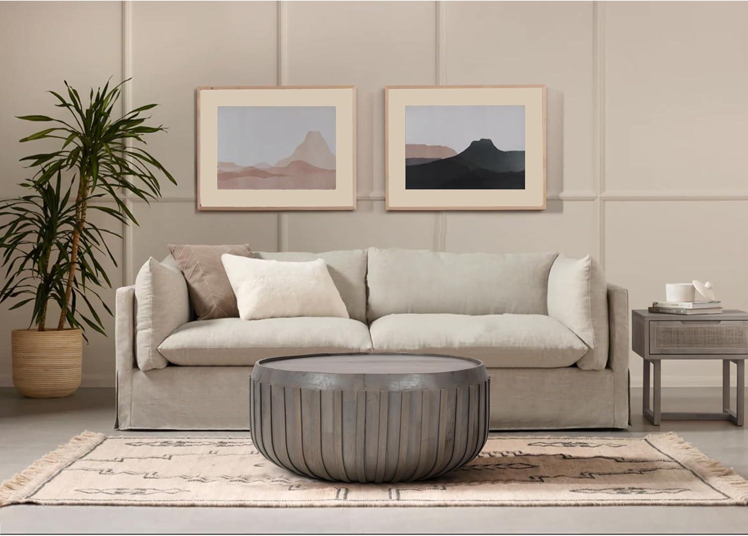 The Urban Port 36" Coffee Table Handcrafted Drum Shape with Ribbed Edges Gray Mango Wood Gray