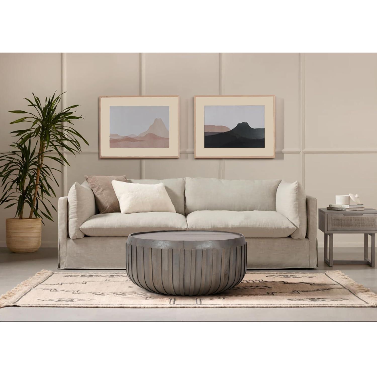 The Urban Port 36" Coffee Table Handcrafted Drum Shape with Ribbed Edges Gray Mango Wood Gray