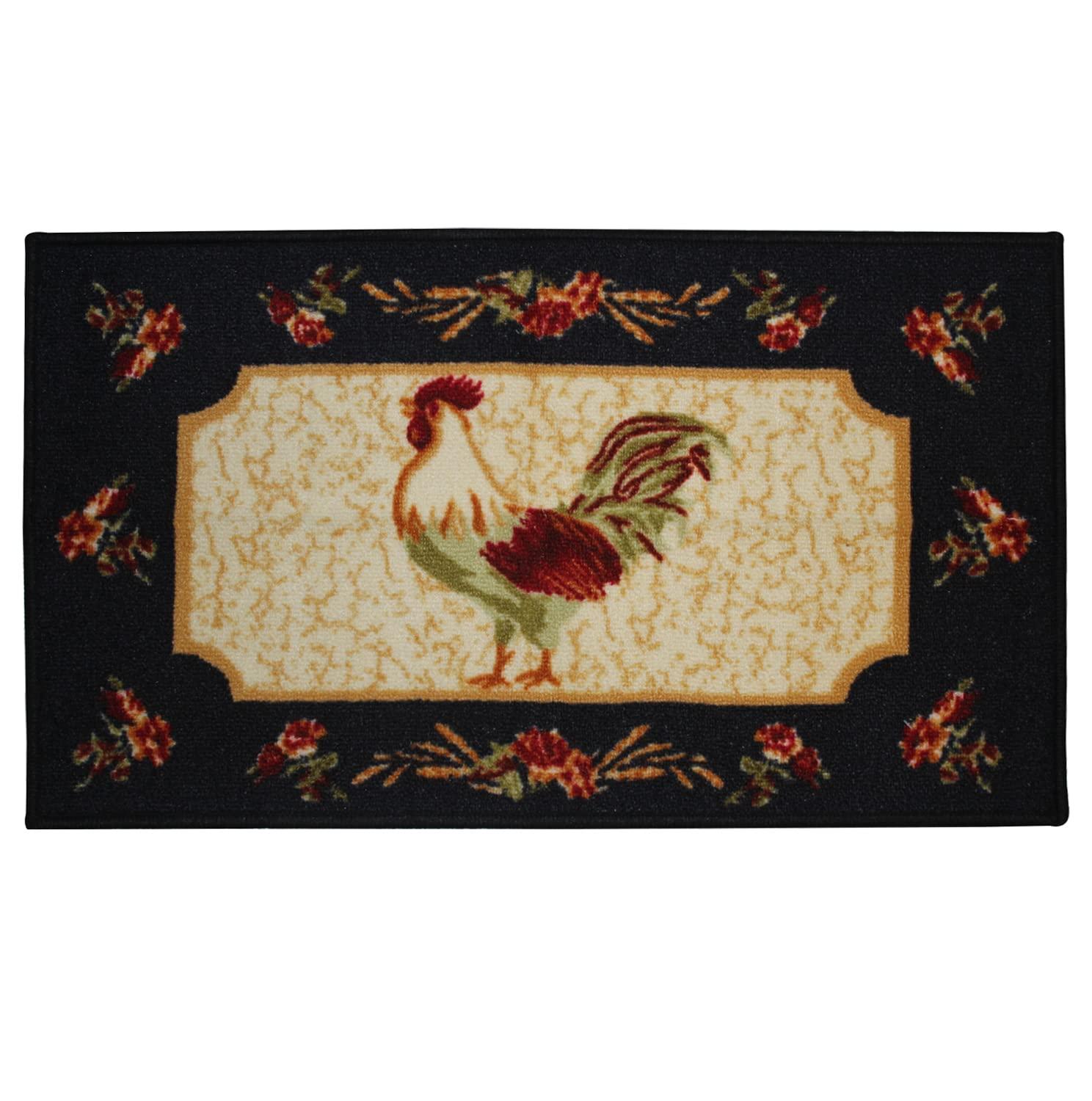 Kashi Home Kitchen Rug, Printed Area Rug, Durable Floor, Door Mat, Farmhouse Non-Slip Carpet Latex Backing Beautiful Design Rooster 3pc Set (2 18x30 D Shape & 1 20x40)