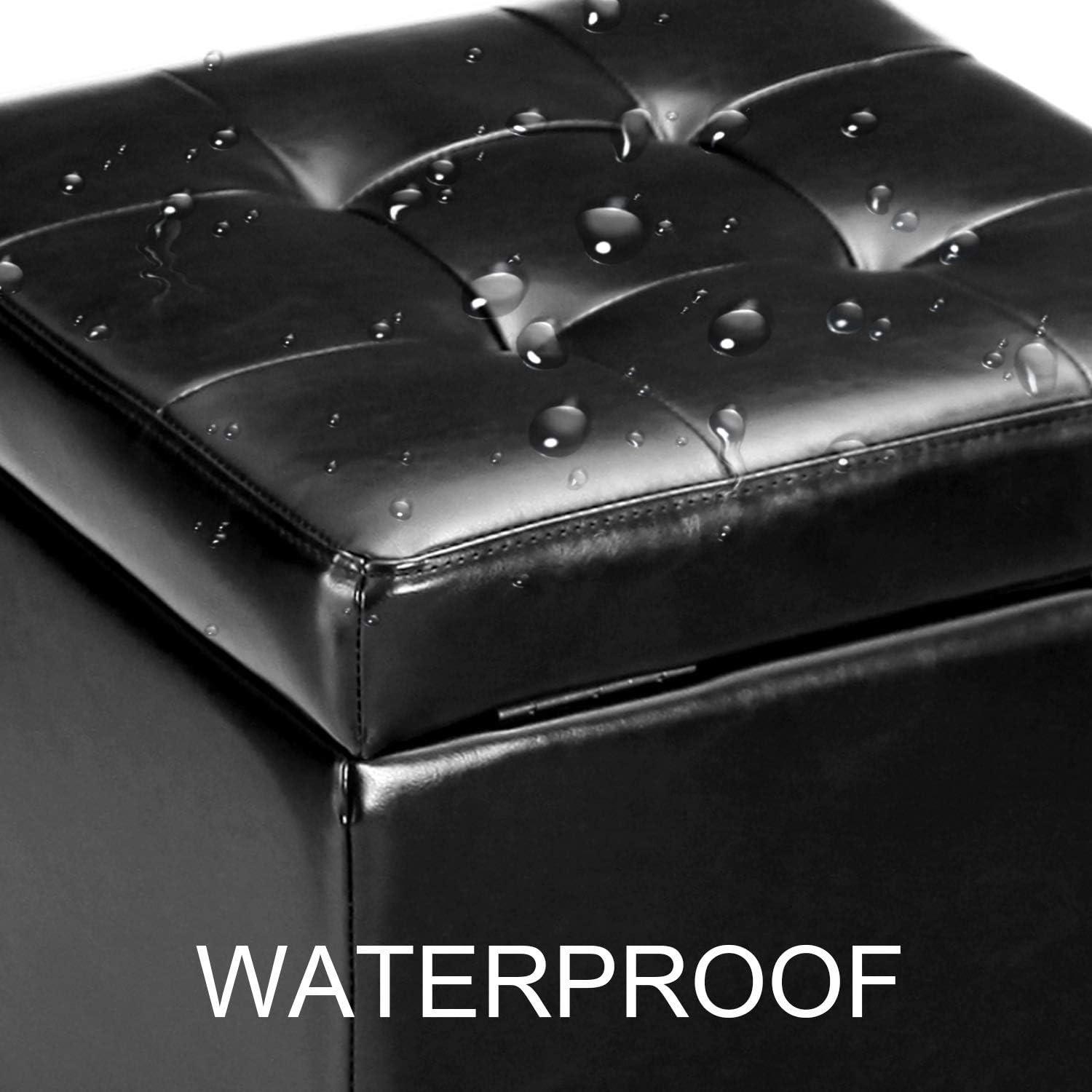 Black Tufted Faux Leather Storage Ottoman Square Cube Foot Rest Stool with Top