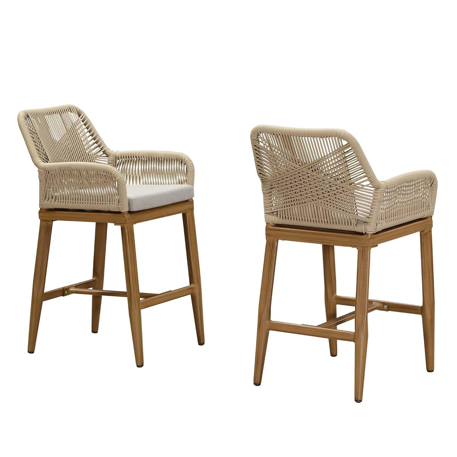 PURPLE LEAF Outdoor 24" Counter Height Bar Stools Chair Set of 2, All Weather Rattan and Aluminum Patio Bar Stool with Cushion for Indoor and Outdoor, Kitchen Island, Teak