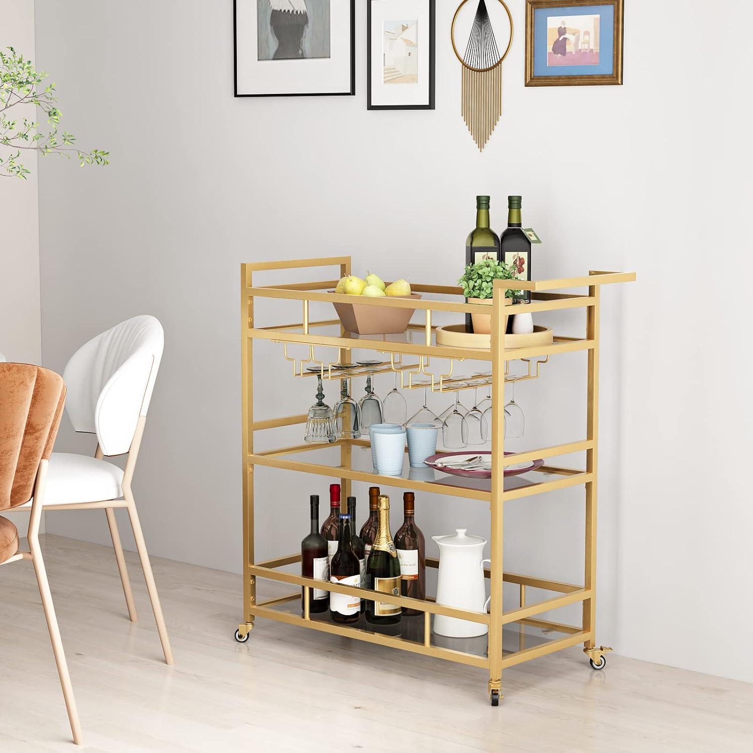 Bar Cart Gold with Bottle Storage and Wine Glass, Rolling Serving Bar Cart on Wheels Indoor & Outdoor, Patio, Gold Kitchen Serving Cart for Party(3-Tier)