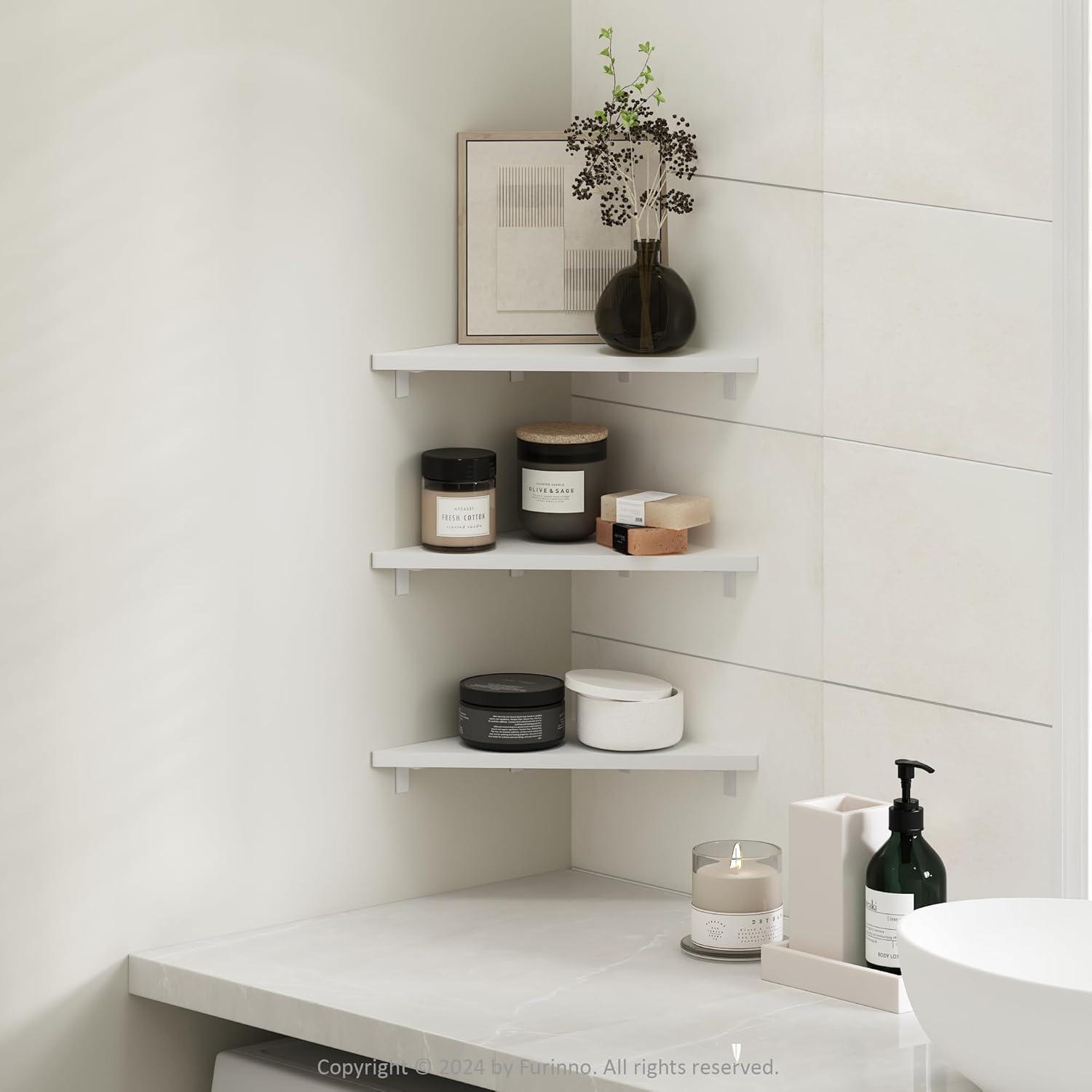 Furinno Triangle Corner Floating Shelves, Wall Mount Display Shelf, White, Set of 3