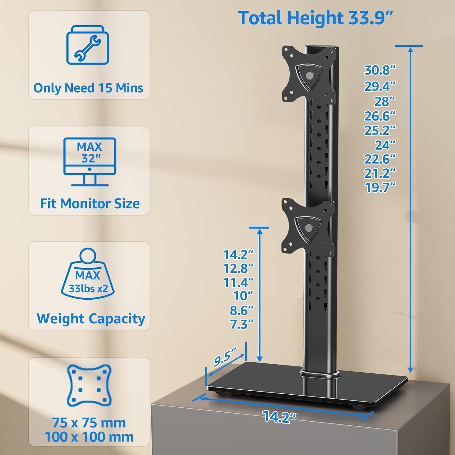 MOUNTUP Vertical Dual Monitor Stand, Stack Two Screens up to 32 inches,33 Lbs, Free-Standing Monitor Desk Mount, Monitor Riser with Swivel, Tilt, Height Adjustable, VESA Stand 100 x 100mm, 75 x 75mm