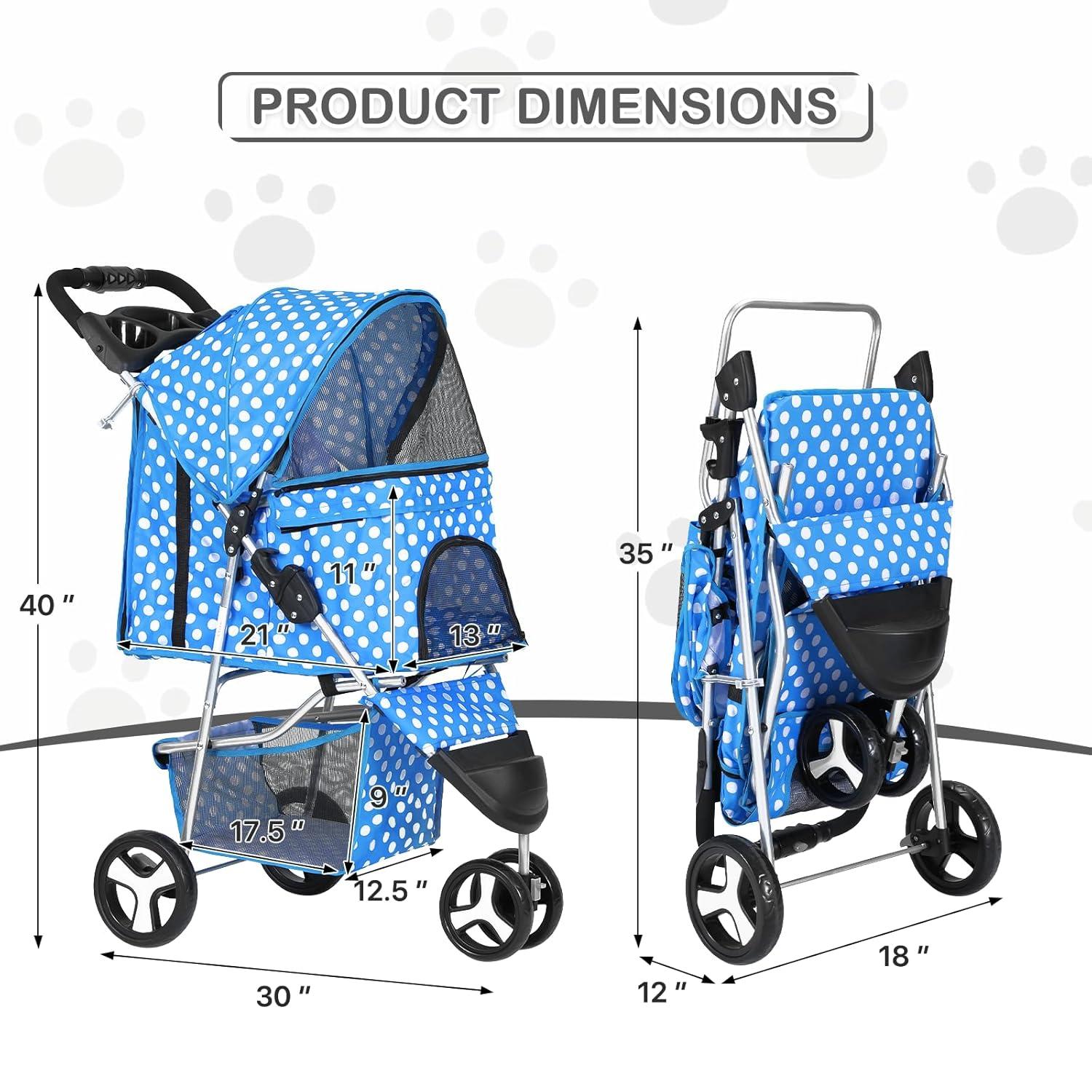 Sky Blue Polka Dot Foldable Pet Stroller with Storage