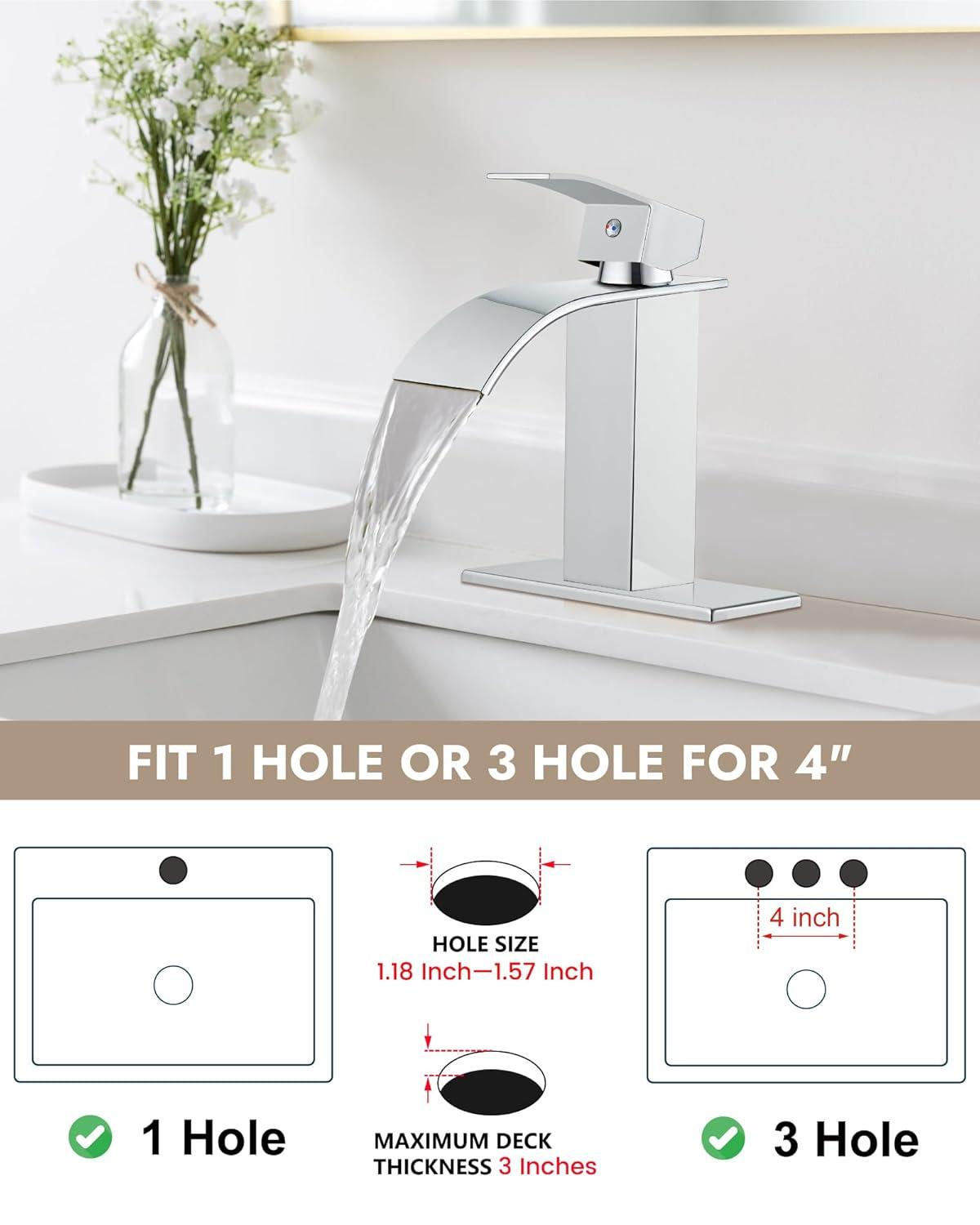 Midanya Waterfall Spout Bathroom Faucet Single Handle 1 Hole Bathroom Sink Faucet,Modern RV Lavatory Vanity Basin Tap with Water Hose,Short Body,Polish Chrome