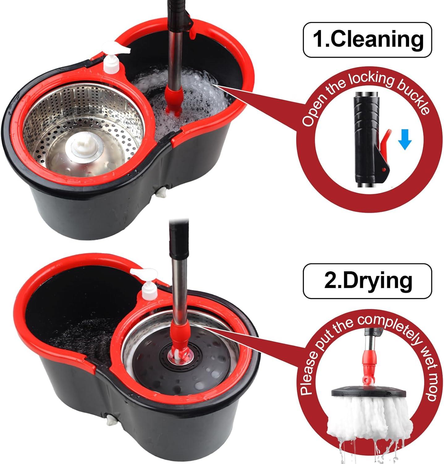 Spin Mop and Bucket Set, 360° Spin Mop and Bucket with Wringer Set and 3 Microfiber Mop Replacement Heads Refills, 61" Stainless Steel Extended Handle Spinning Mop Bucket System for Floor Cleaning