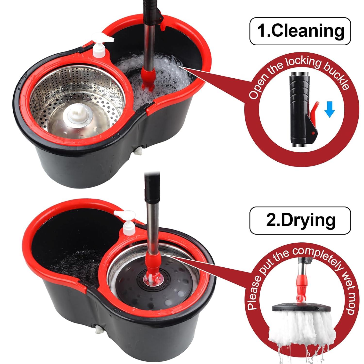 Spin Mop and Bucket Set, 360° Spin Mop and Bucket with Wringer Set and 3 Microfiber Mop Replacement Heads Refills, 61" Stainless Steel Extended Handle Spinning Mop Bucket System for Floor Cleaning